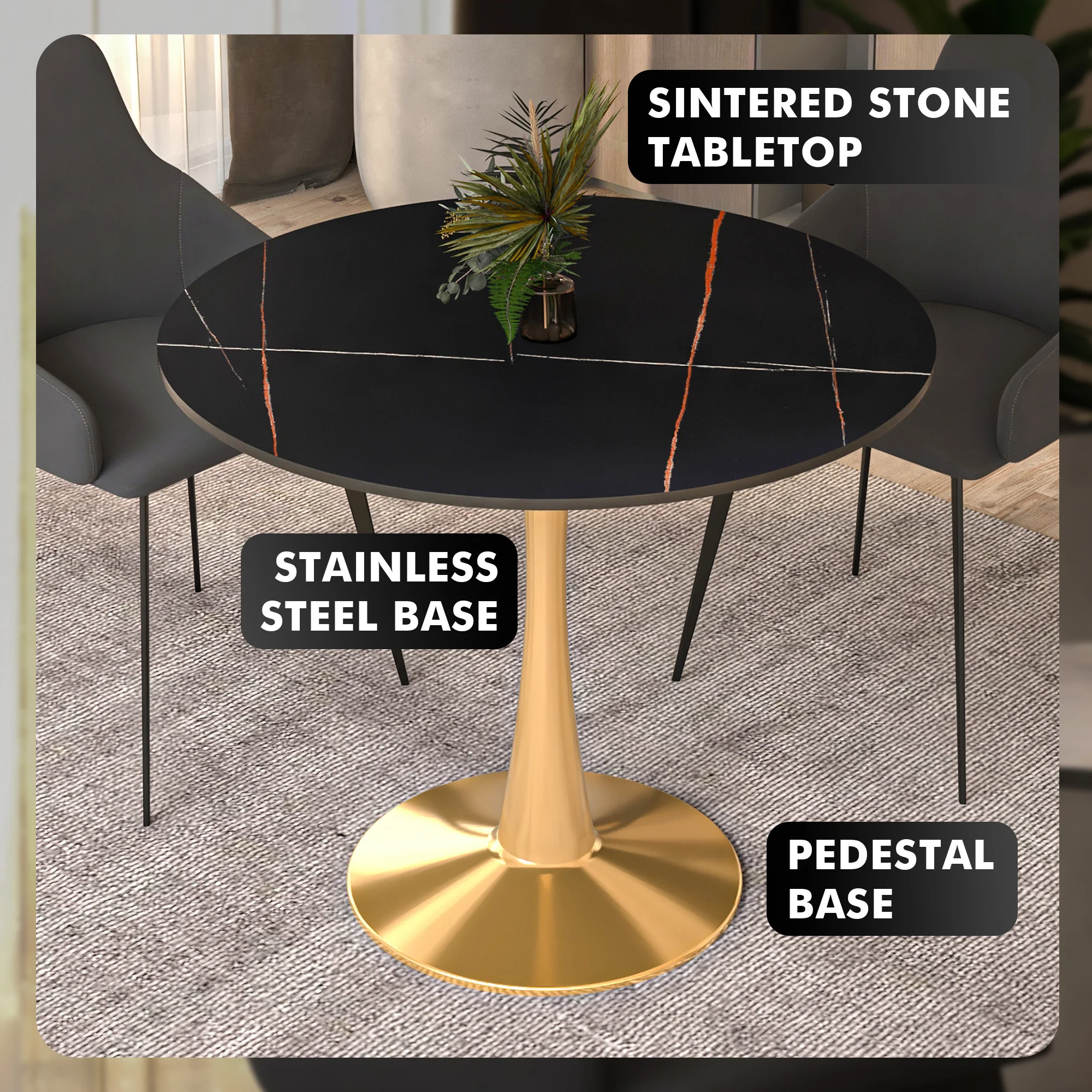 Bristol 35" round dining table Gold base with Black Sintered stone Top