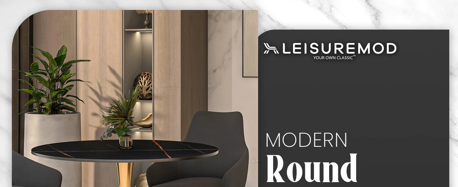 Bristol 35" round dining table Gold base with Black Sintered stone Top