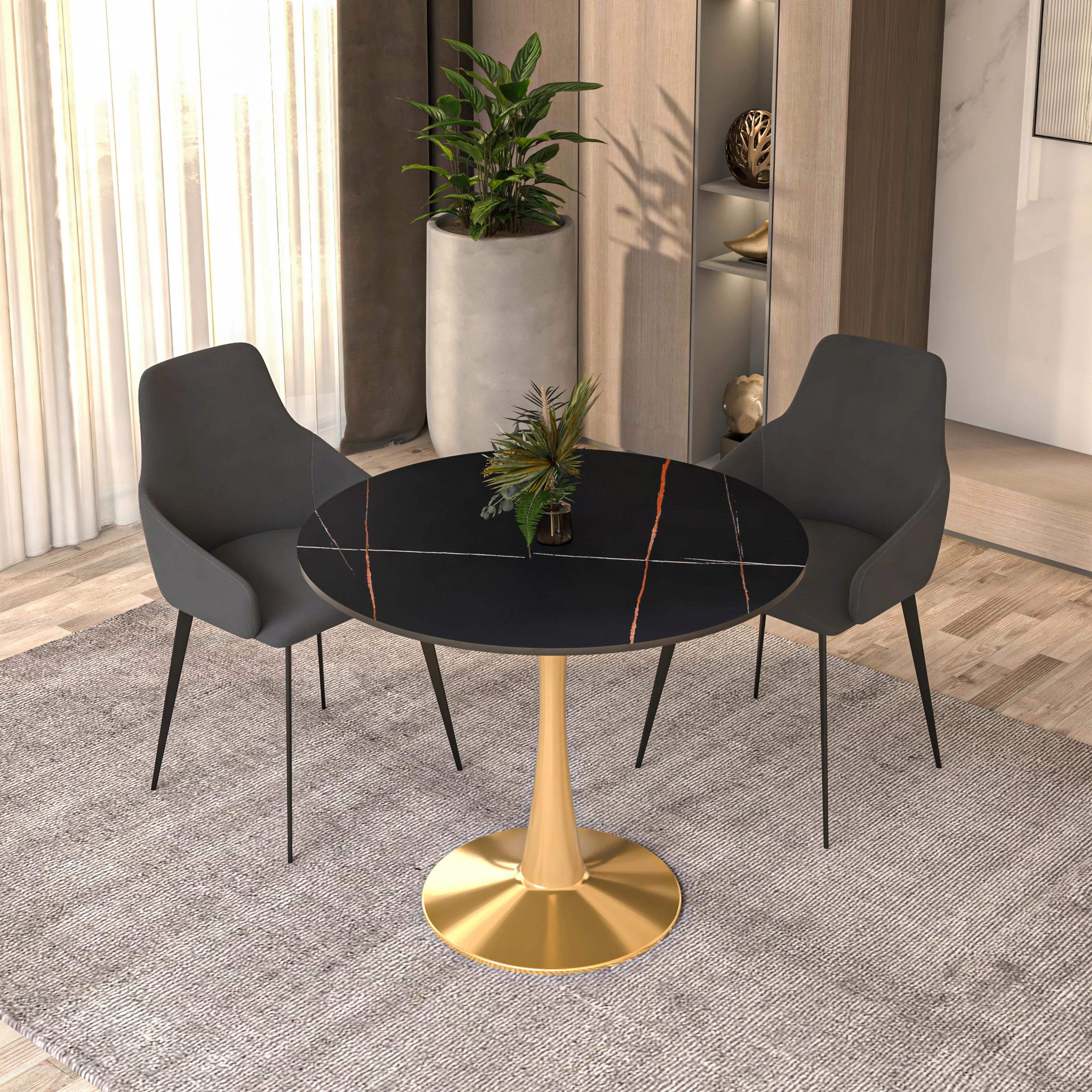 Bristol 35" round dining table Gold base with Black Sintered stone Top