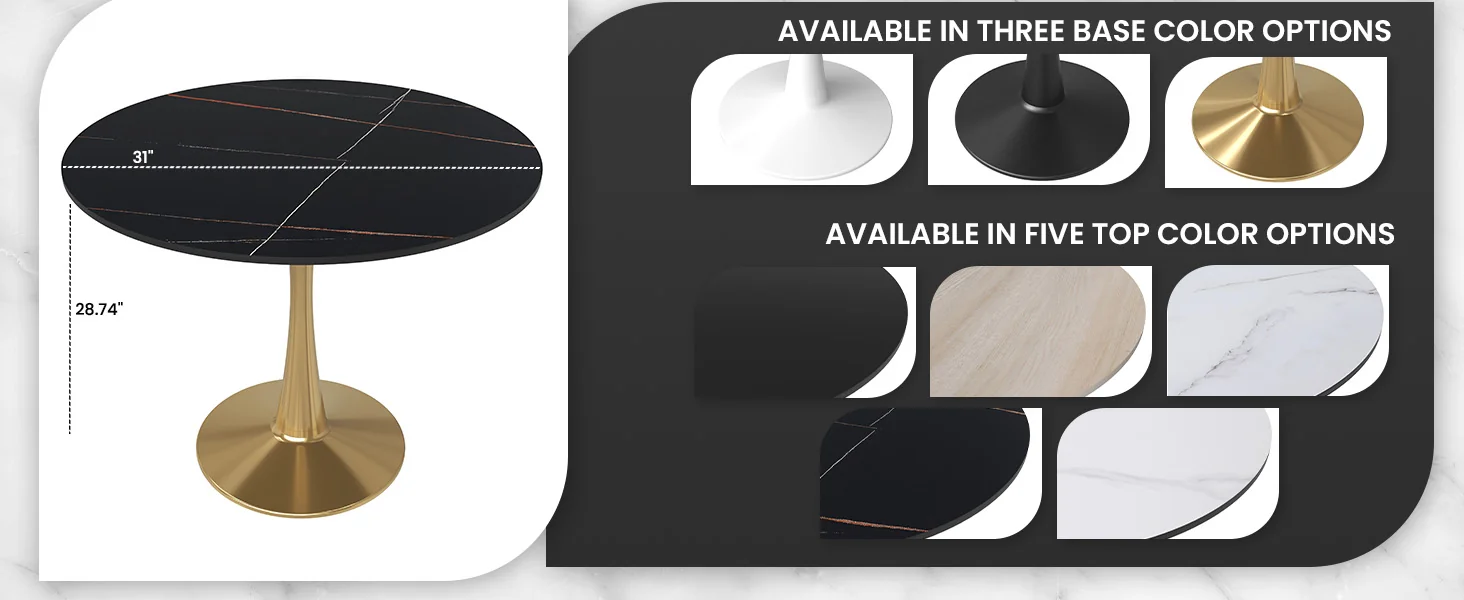 Bristol 35" round dining table Gold base with Black Sintered stone Top