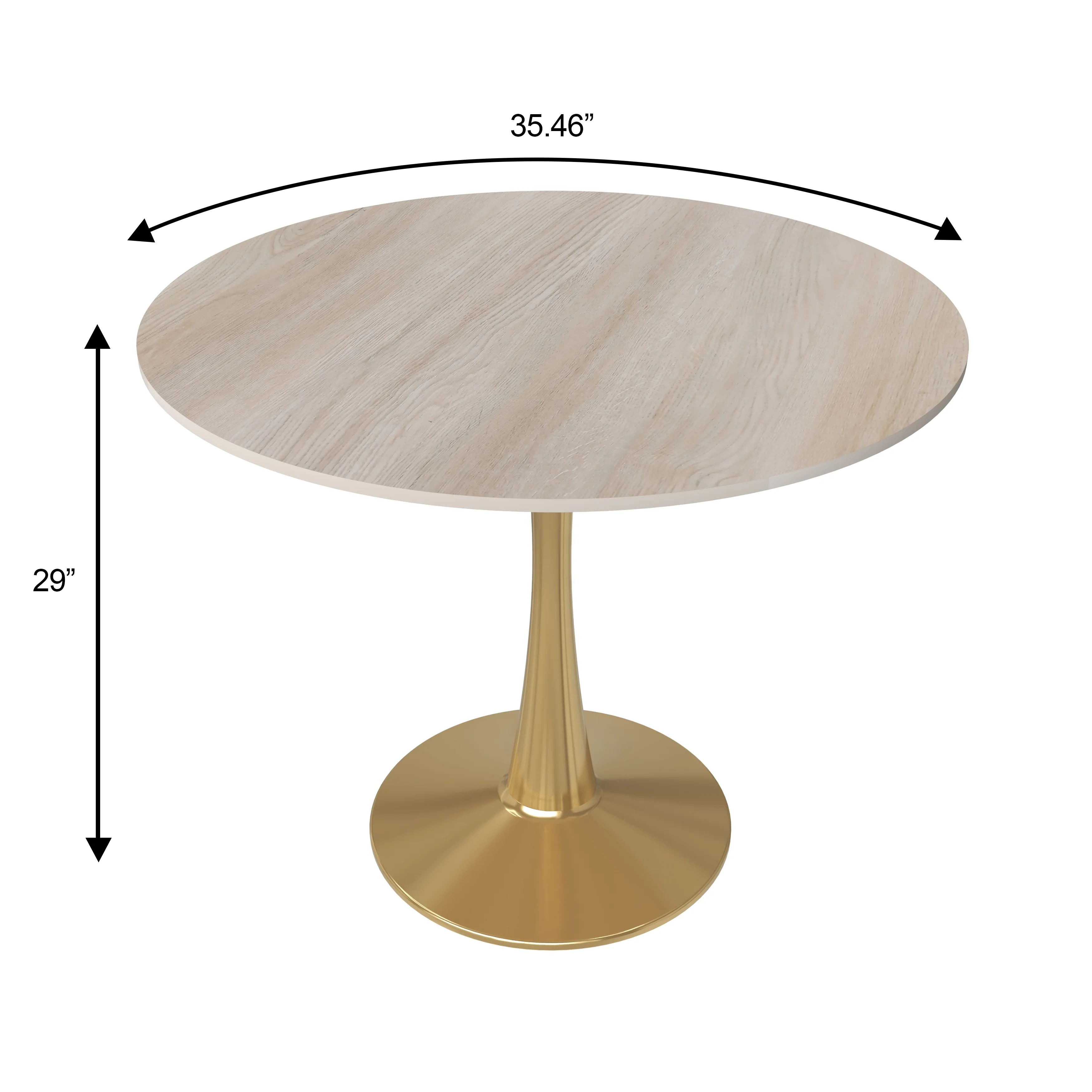 Bristol 35" Round Dining Table Gold Base with Sintered Stone Natural Wood Top