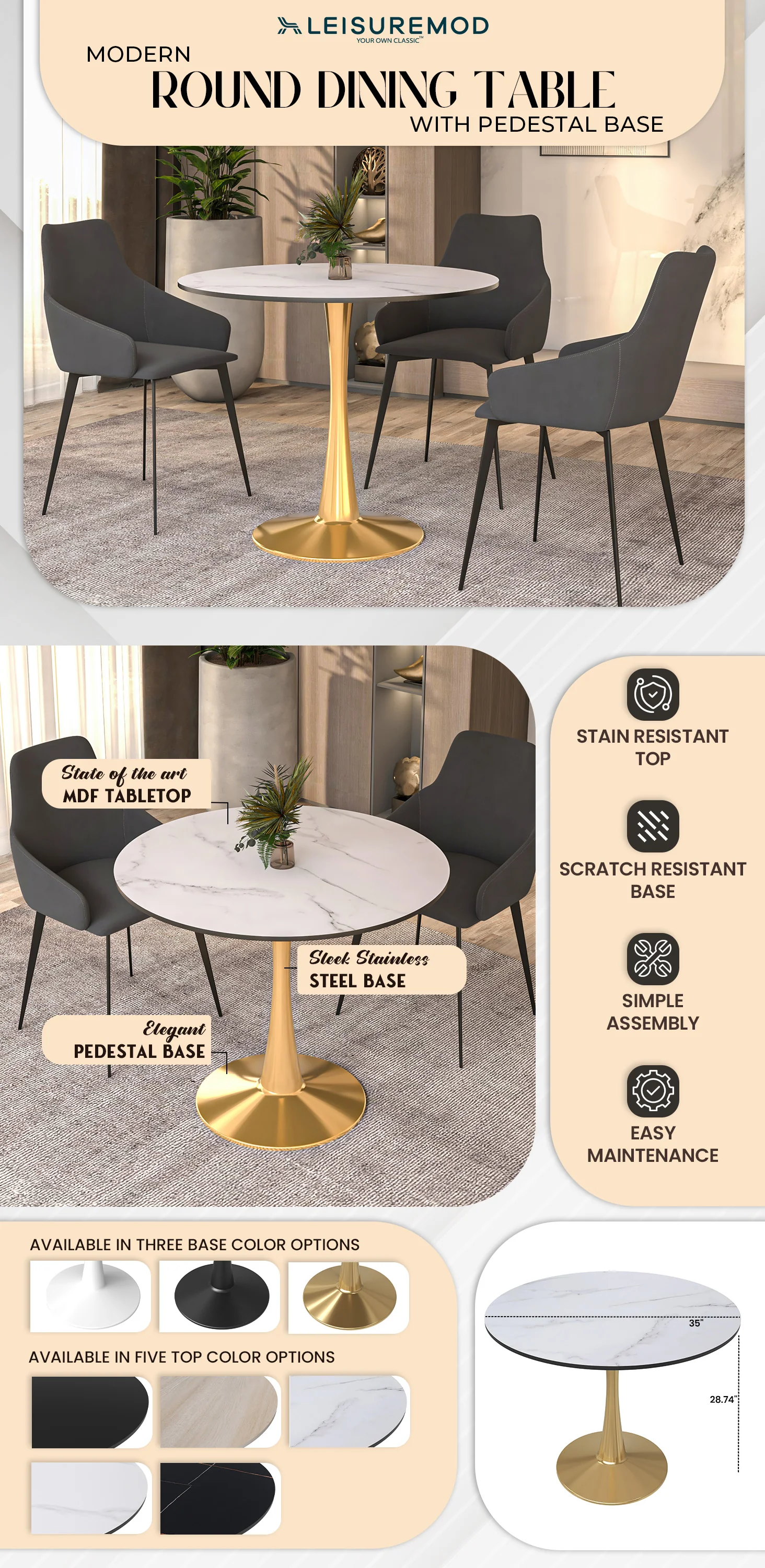 Bristol 35" round dining table Gold Base With White Top