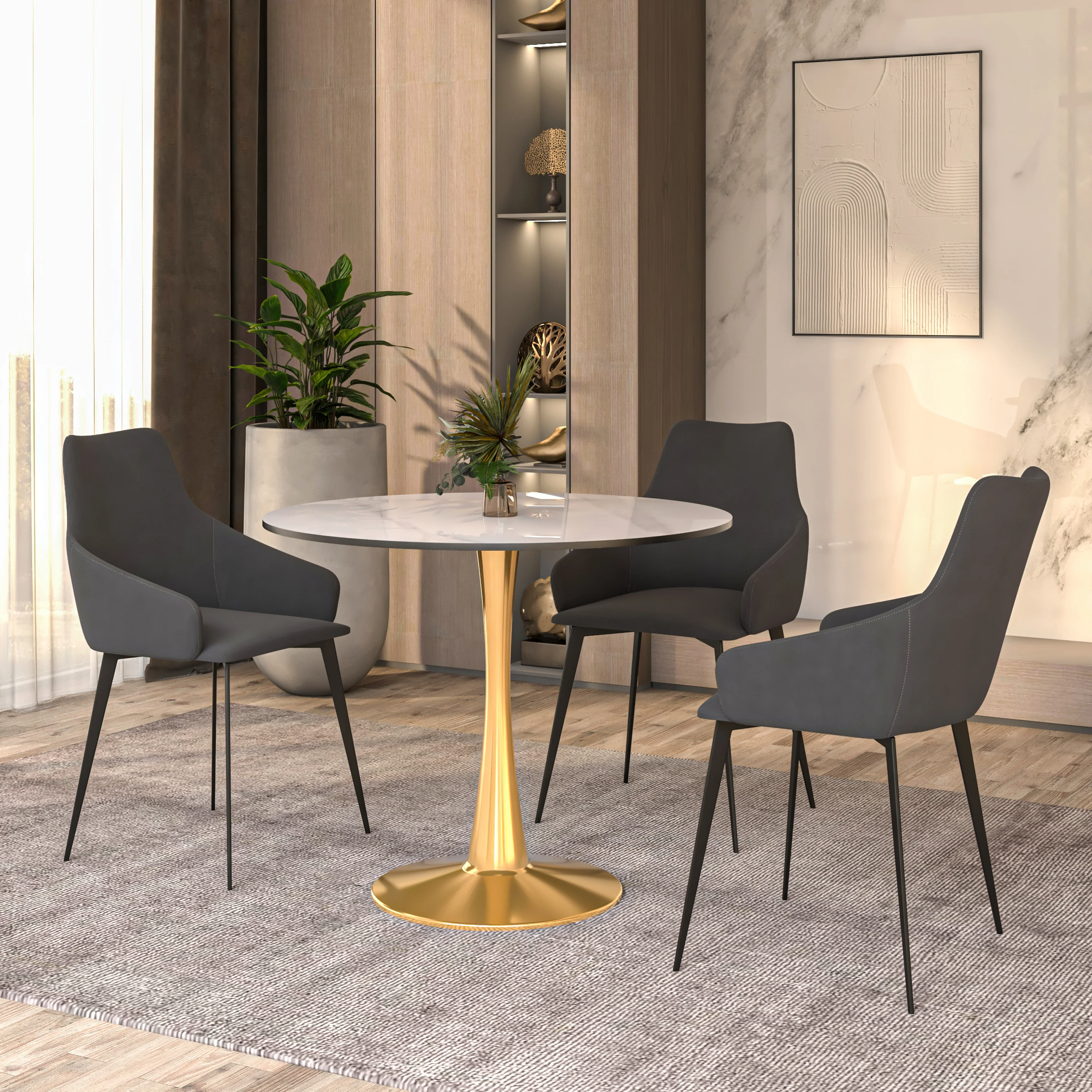 Bristol 35" round dining table Gold base with White Sintered stone Top