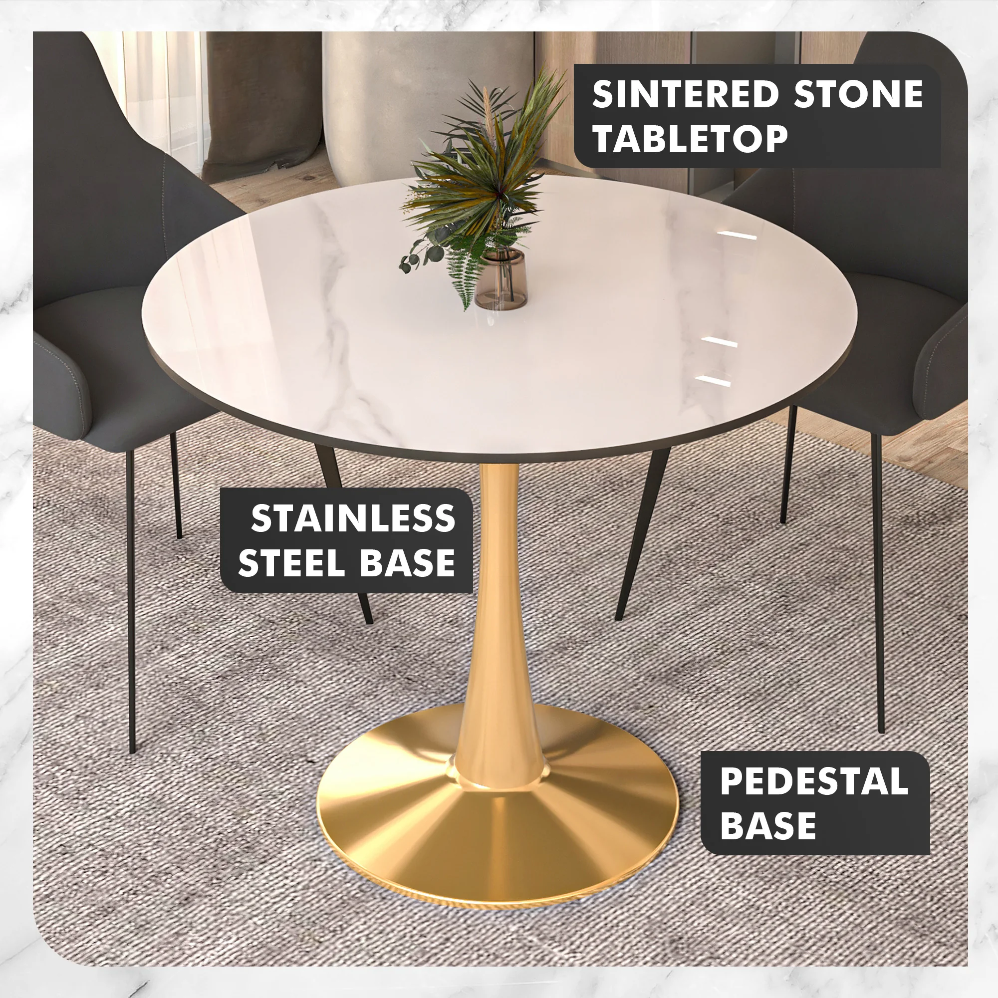 Bristol 35" round dining table Gold base with White Sintered stone Top