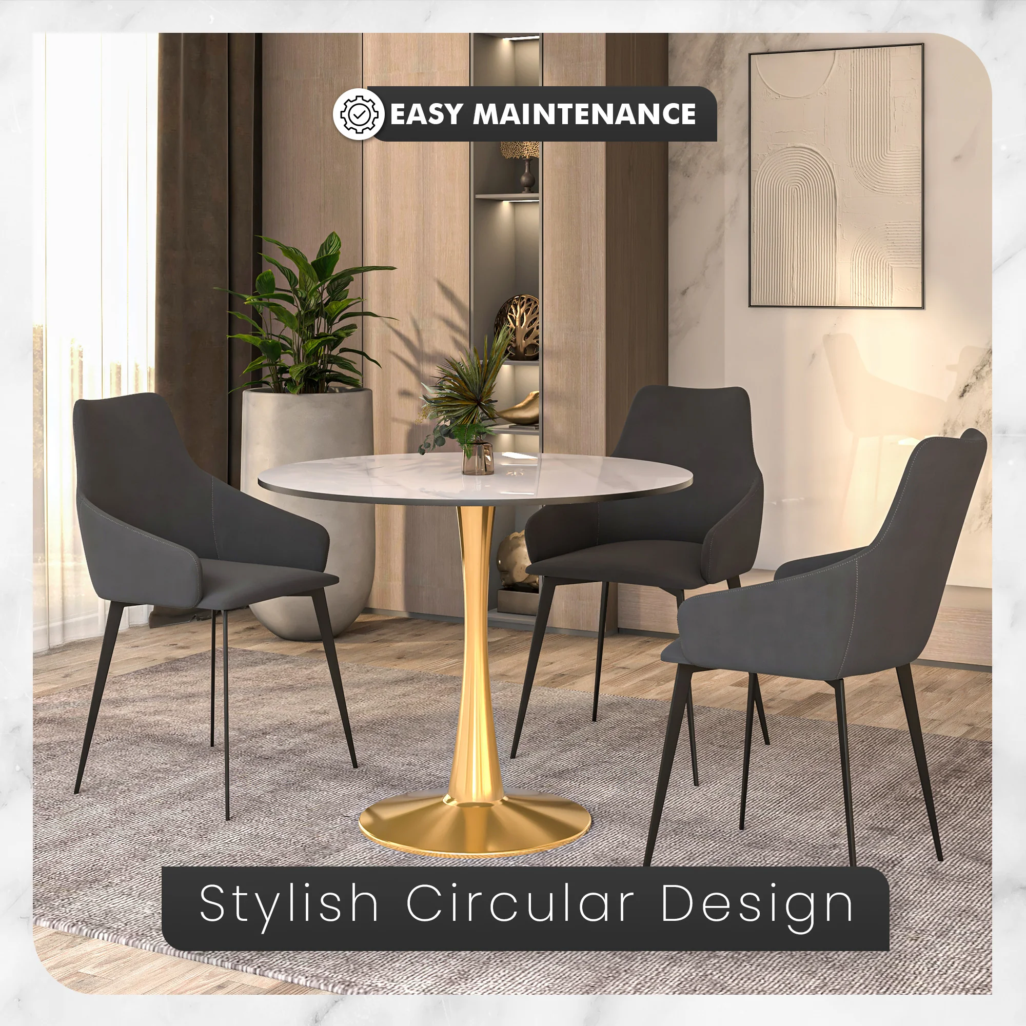 Bristol 35" round dining table Gold base with White Sintered stone Top