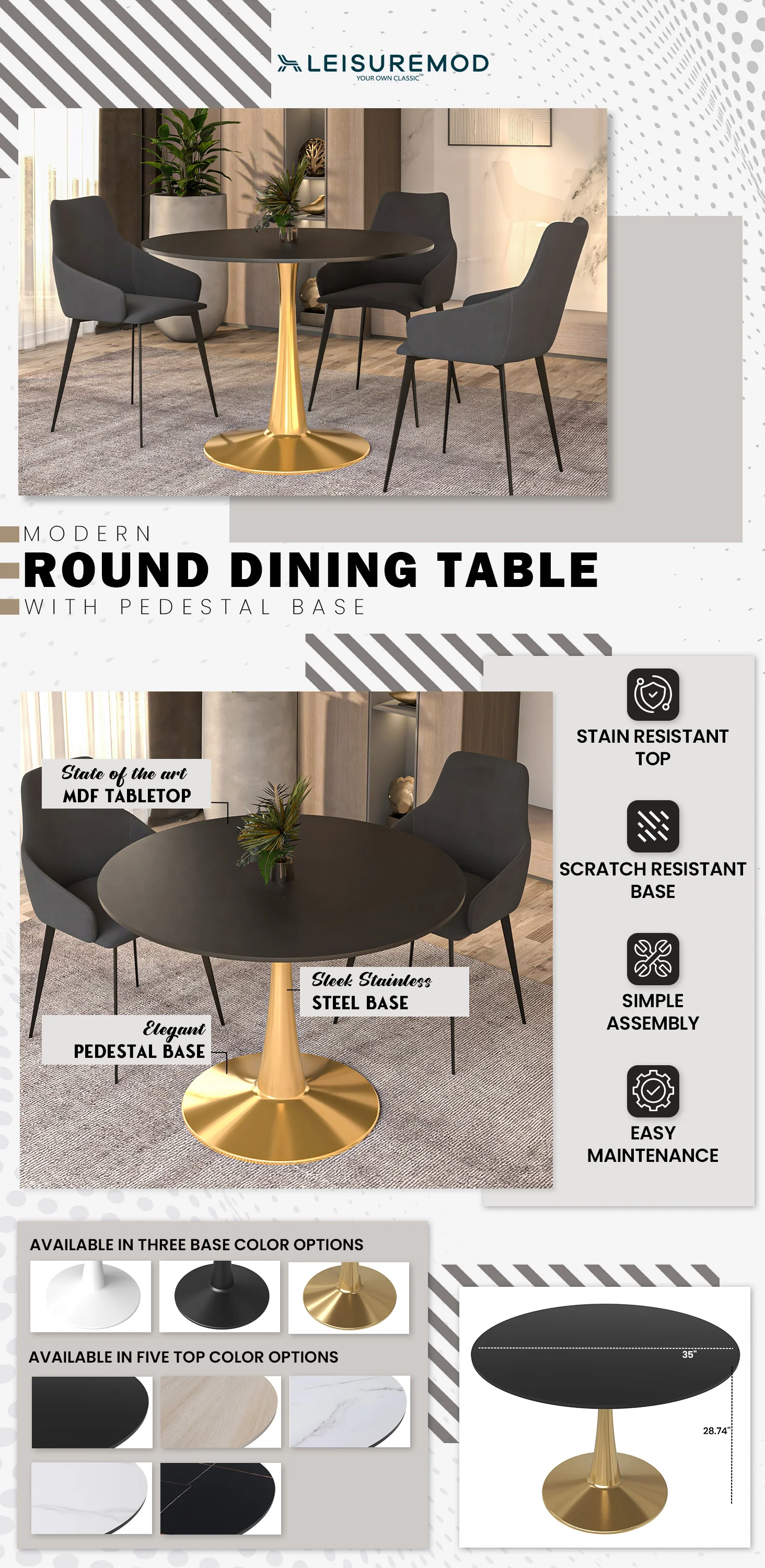 Bristol 40" round dining table Gold Base With Black Top