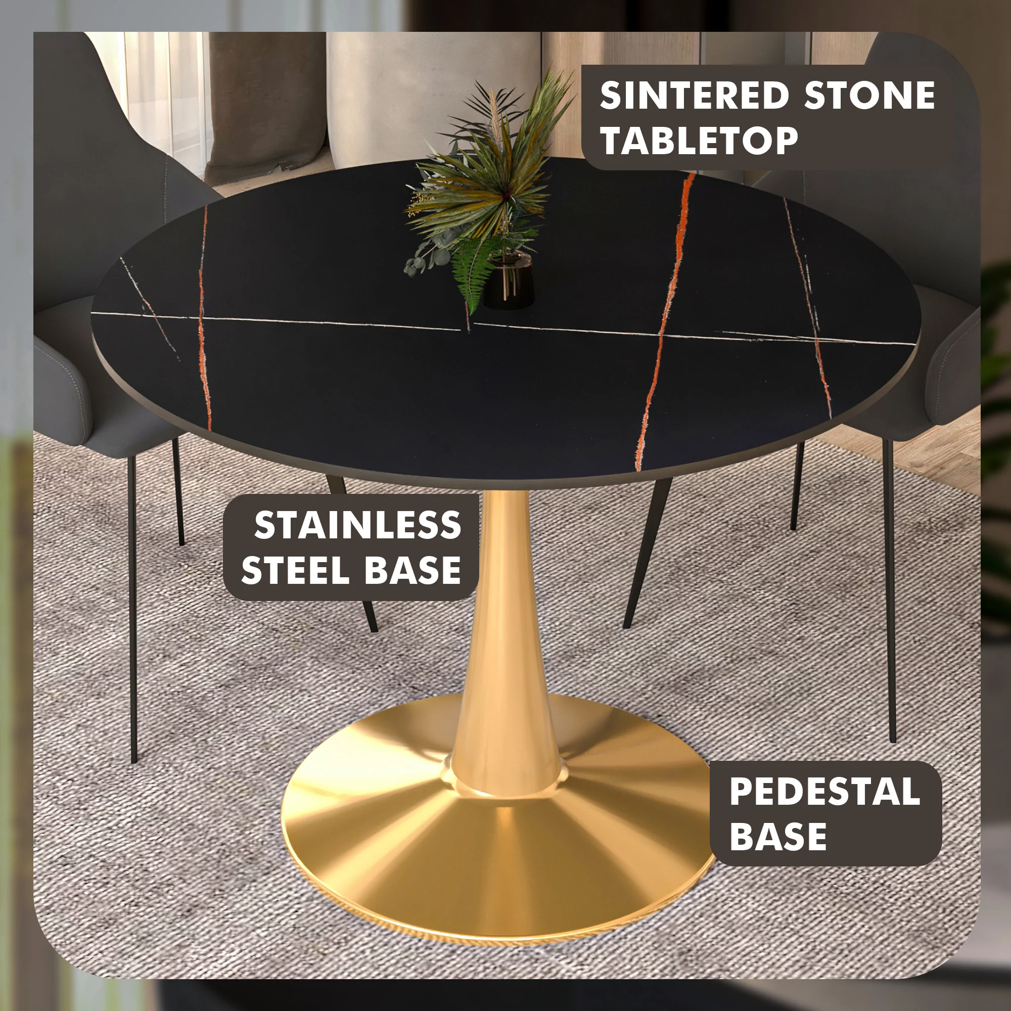 Bristol 40" round dining table Gold base with Black Sintered stone Top