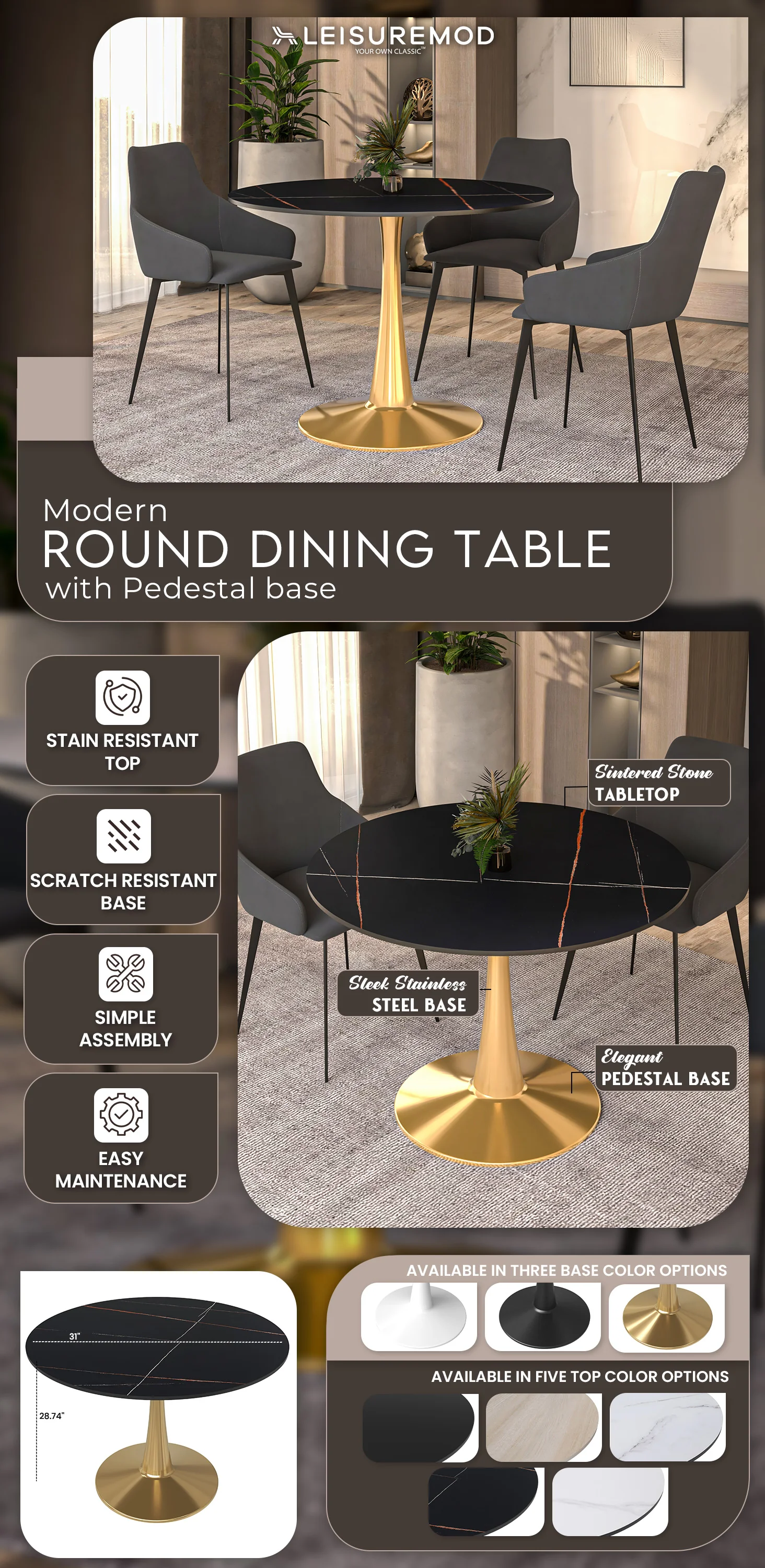 Bristol 40" round dining table Gold base with Black Sintered stone Top