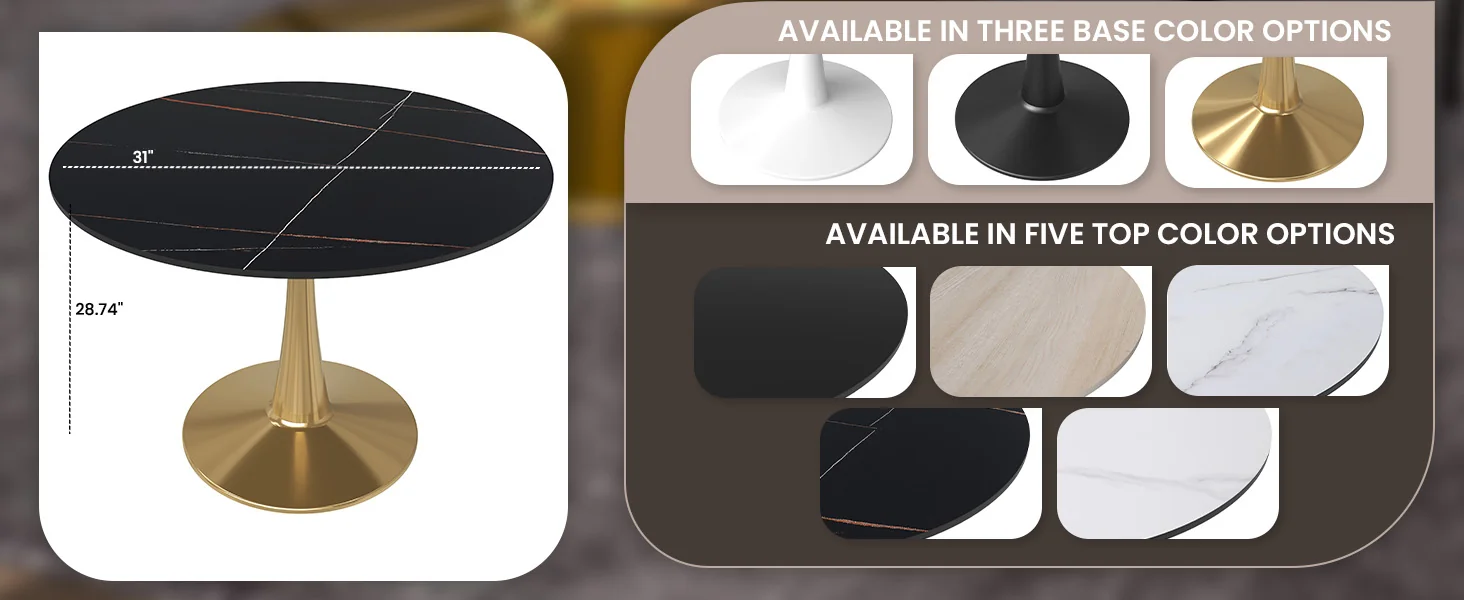 Bristol 40" round dining table Gold base with Black Sintered stone Top