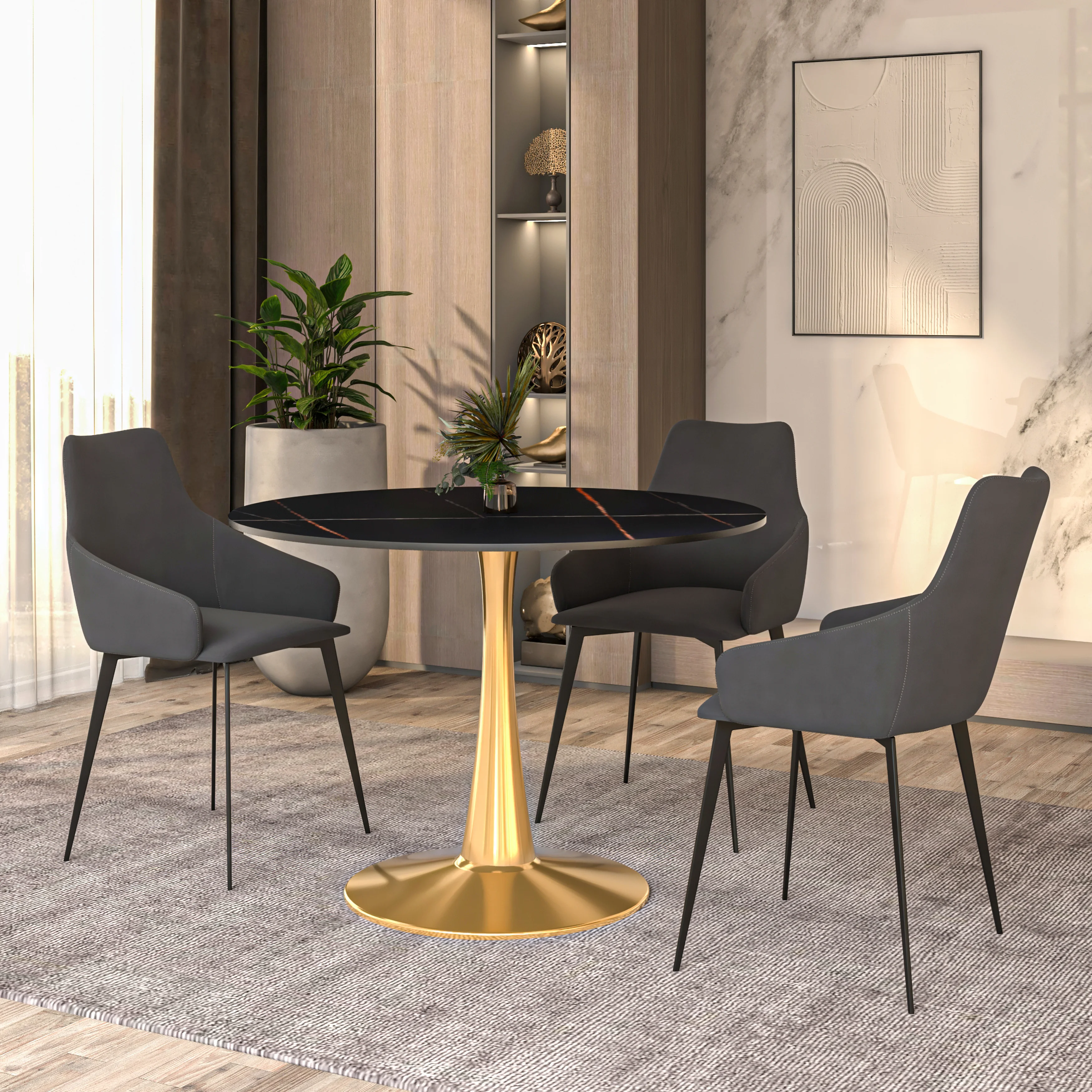 Bristol 40" round dining table Gold base with Black Sintered stone Top