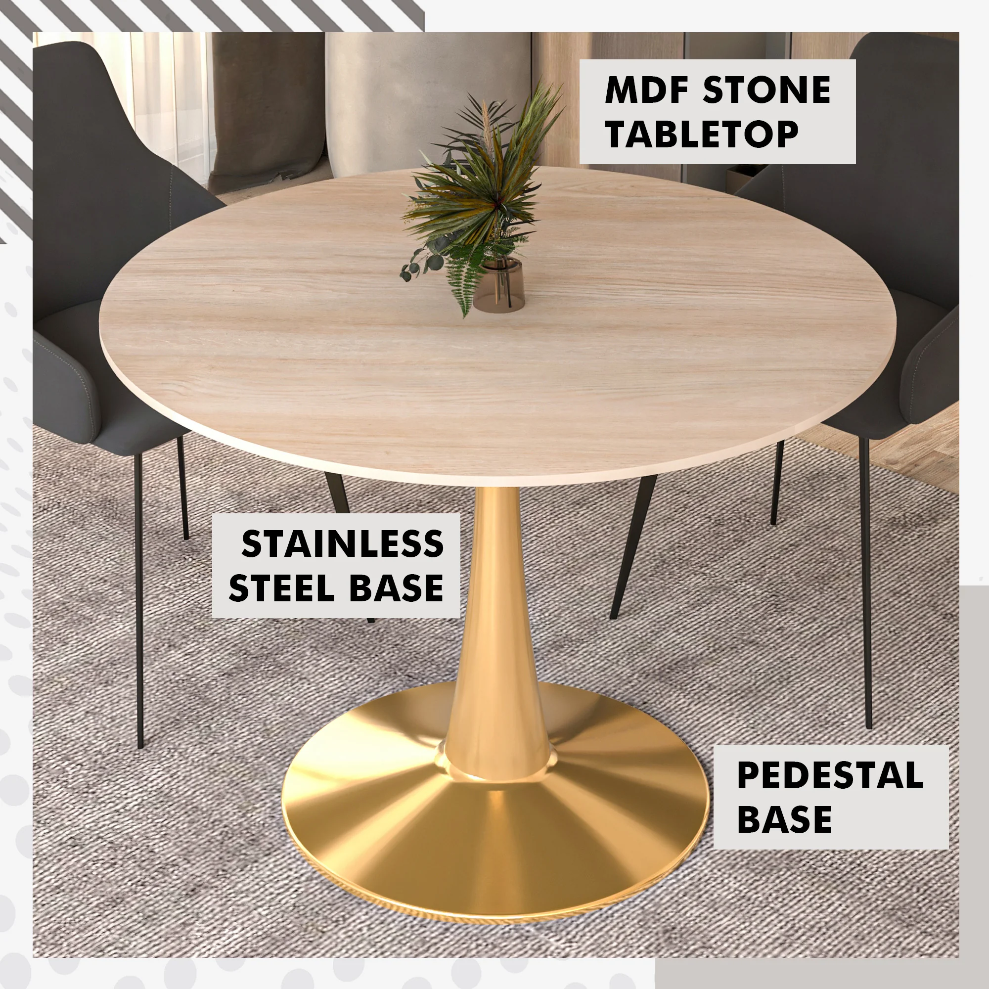 Bristol 40" round dining table Gold base with marbled MDF top
