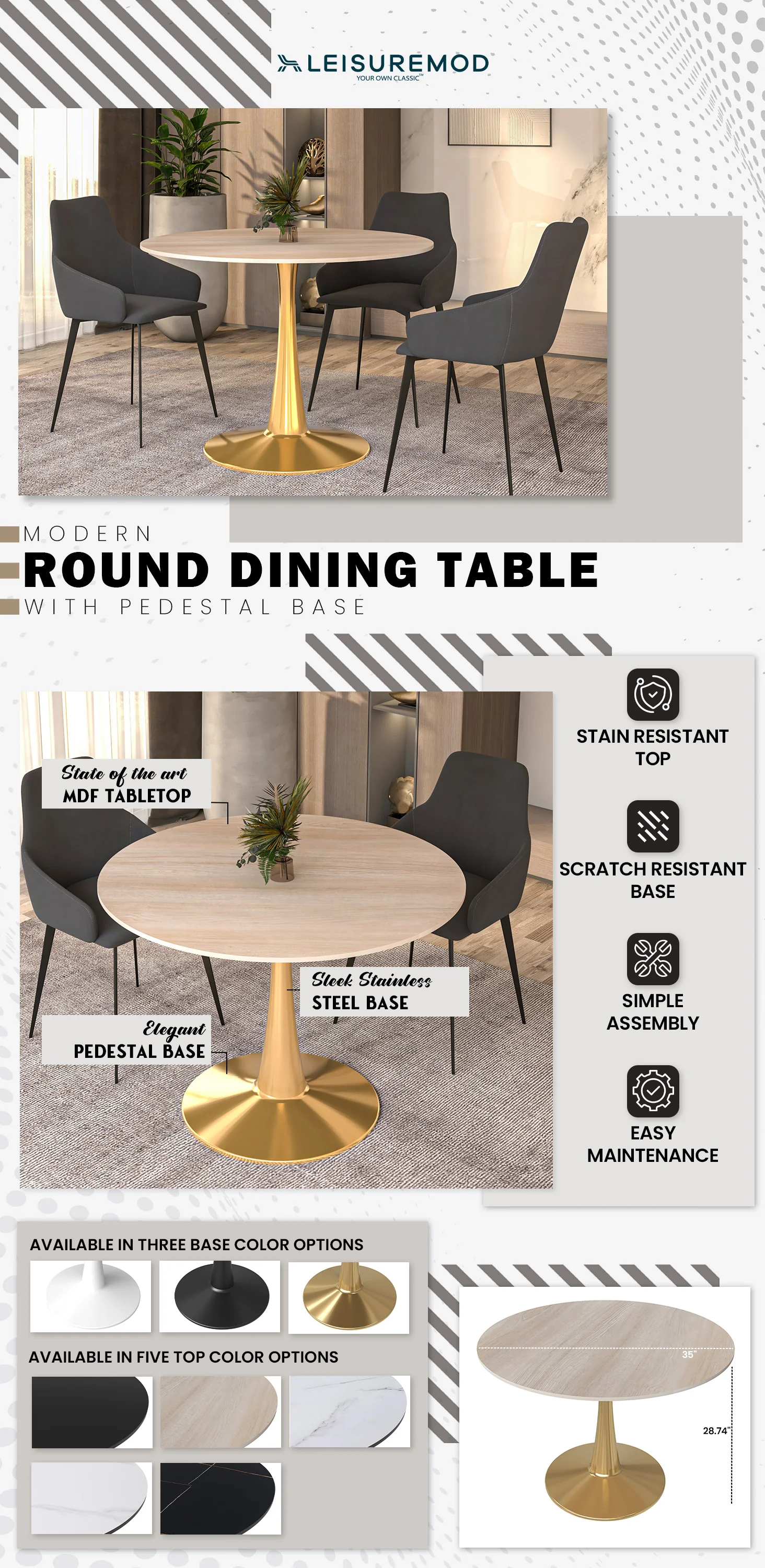 Bristol 40" round dining table Gold base with marbled MDF top