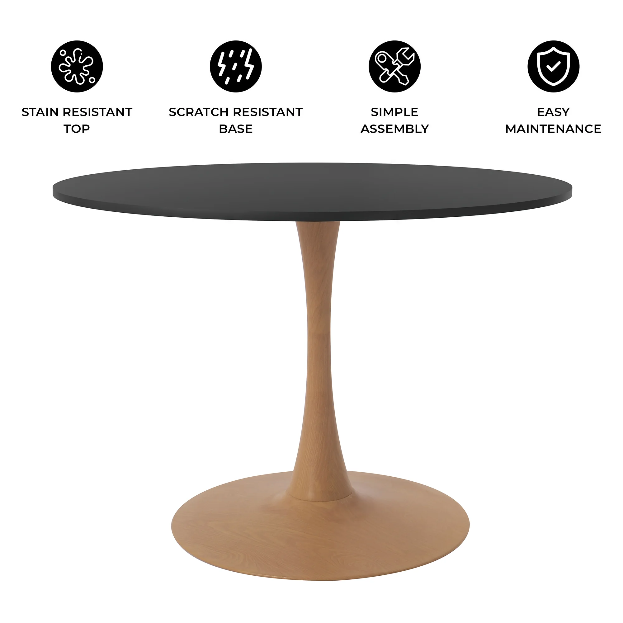 Bristol 35" Round Dining Table Wood Transfer Natural Base with MDF Black Top