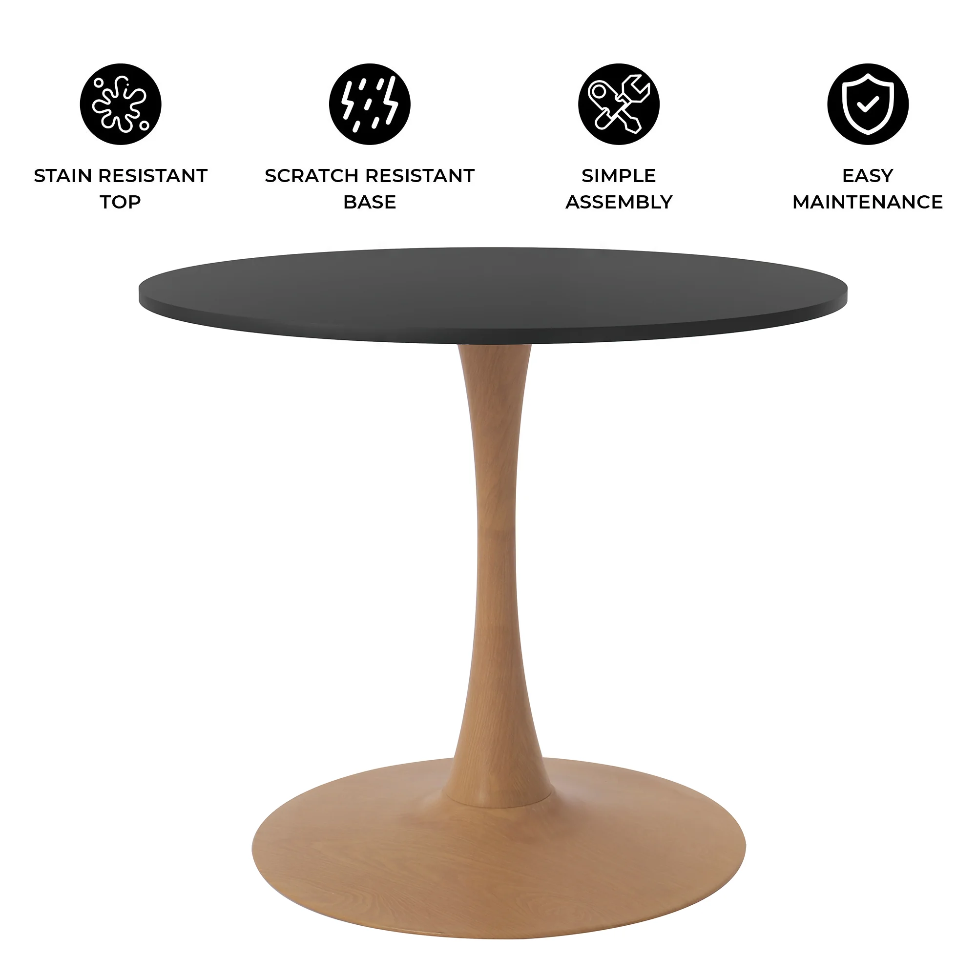Bristol 35" Round Dining Table Wood Transfer Natural Base with MDF Black Top