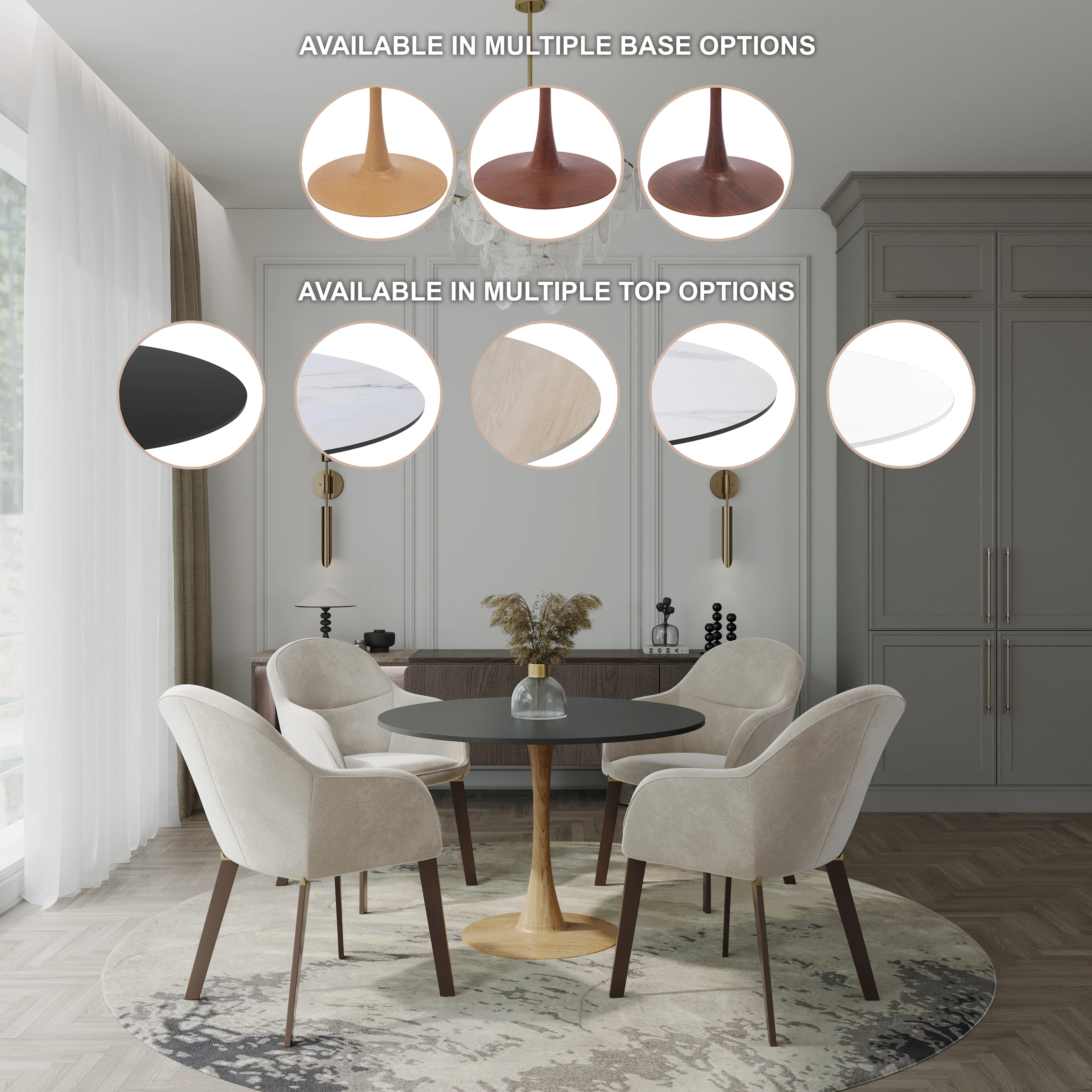 Bristol 35" Round Dining Table Wood Transfer Natural Base with MDF Black Top