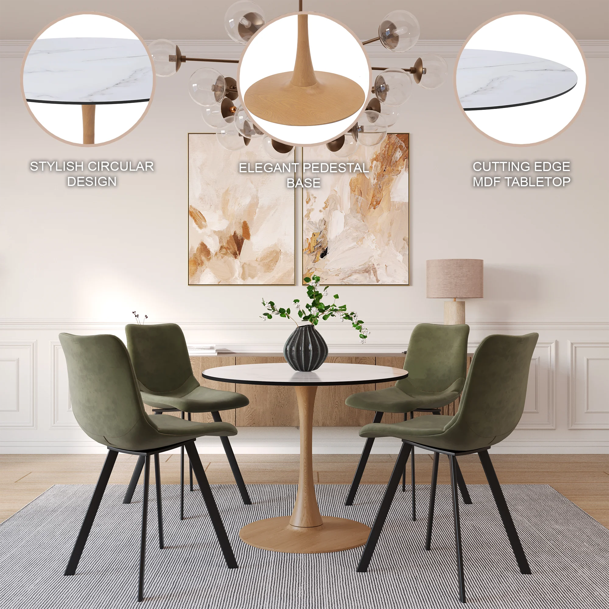 Bristol 35" Round Dining Table Wood Transfer Natural Base with MDF Marbled White Top