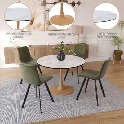 Bristol 35" Round Dining Table Wood Transfer Natural Base with MDF Marbled White Top