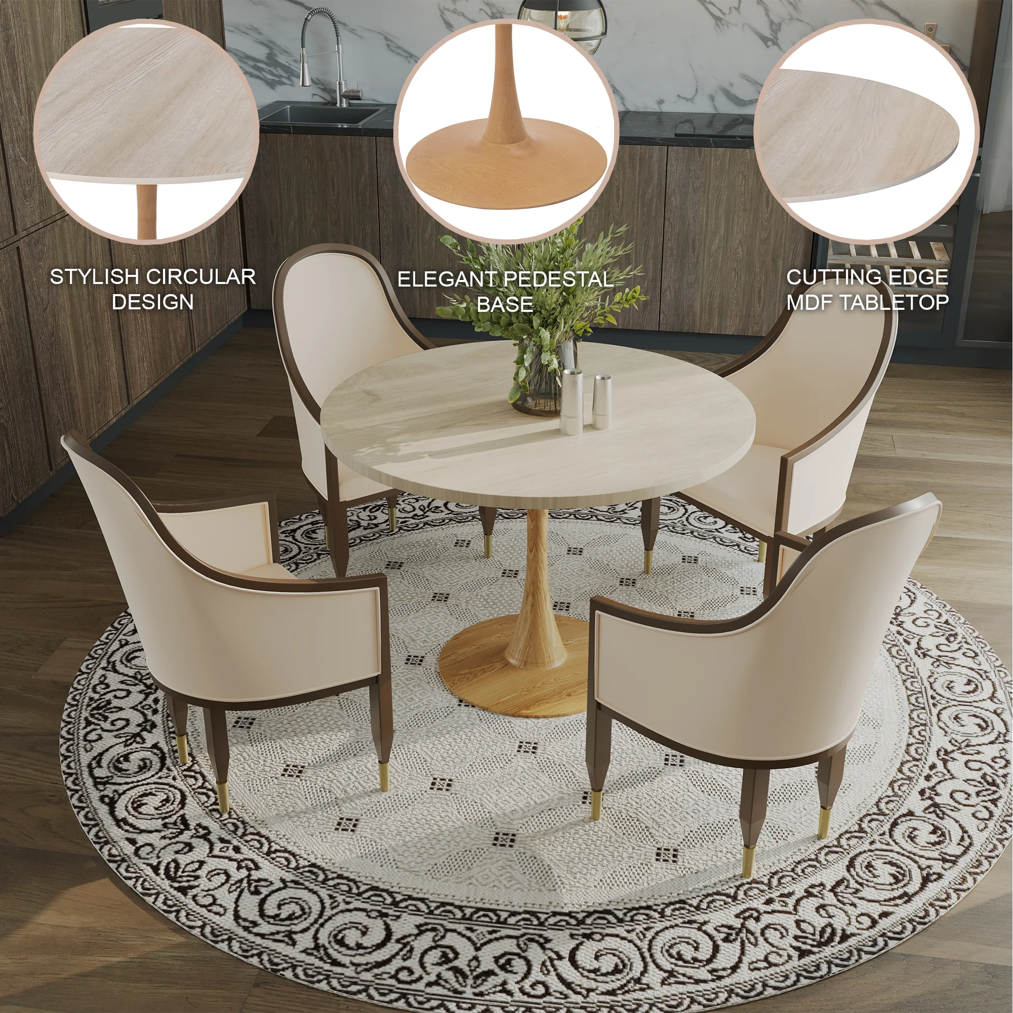 Bristol 35" Round Dining Table Wood Transfer Natural Base with MDF Natural Wood Top