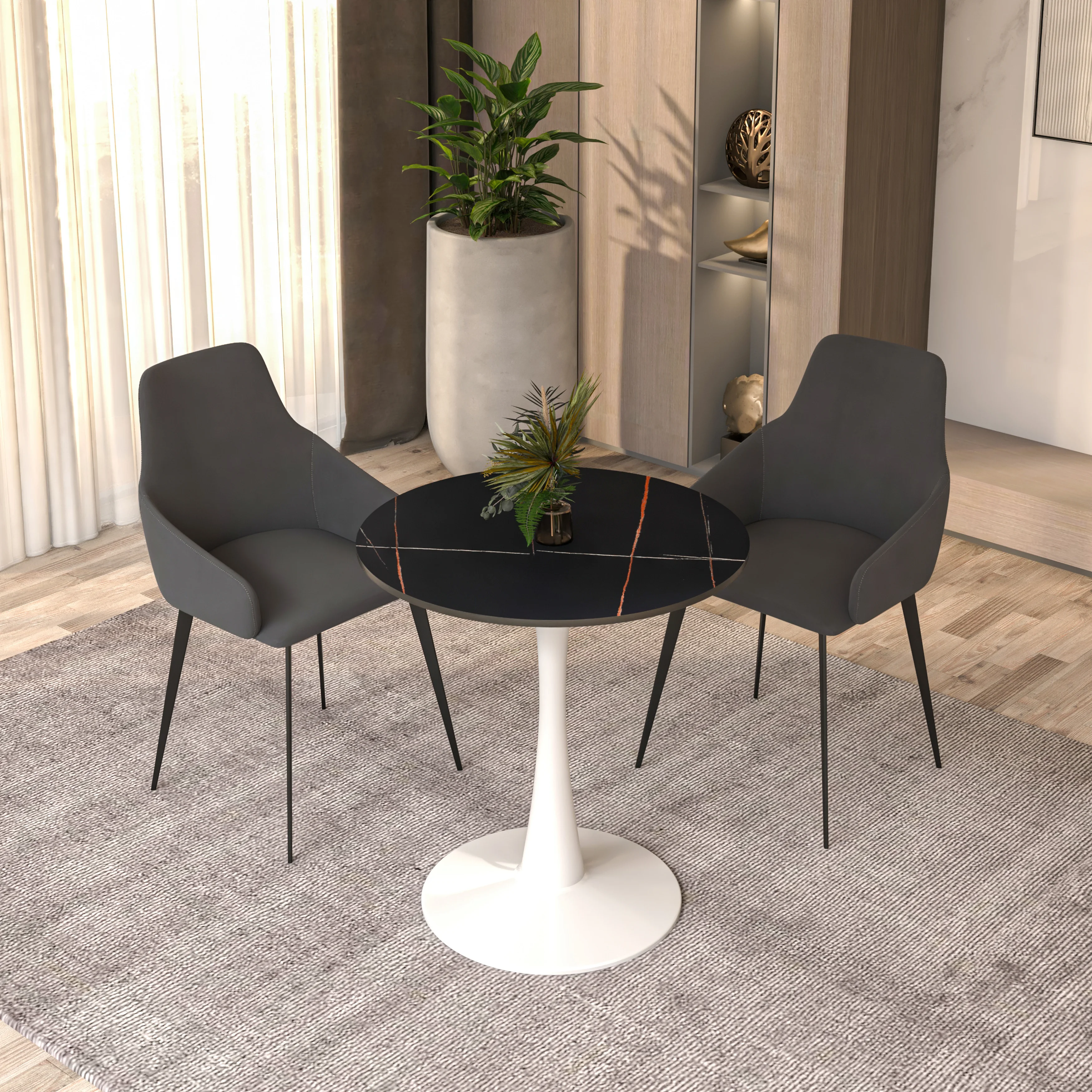 Bristol 24 round dining table White base with Black Sintered stone Top