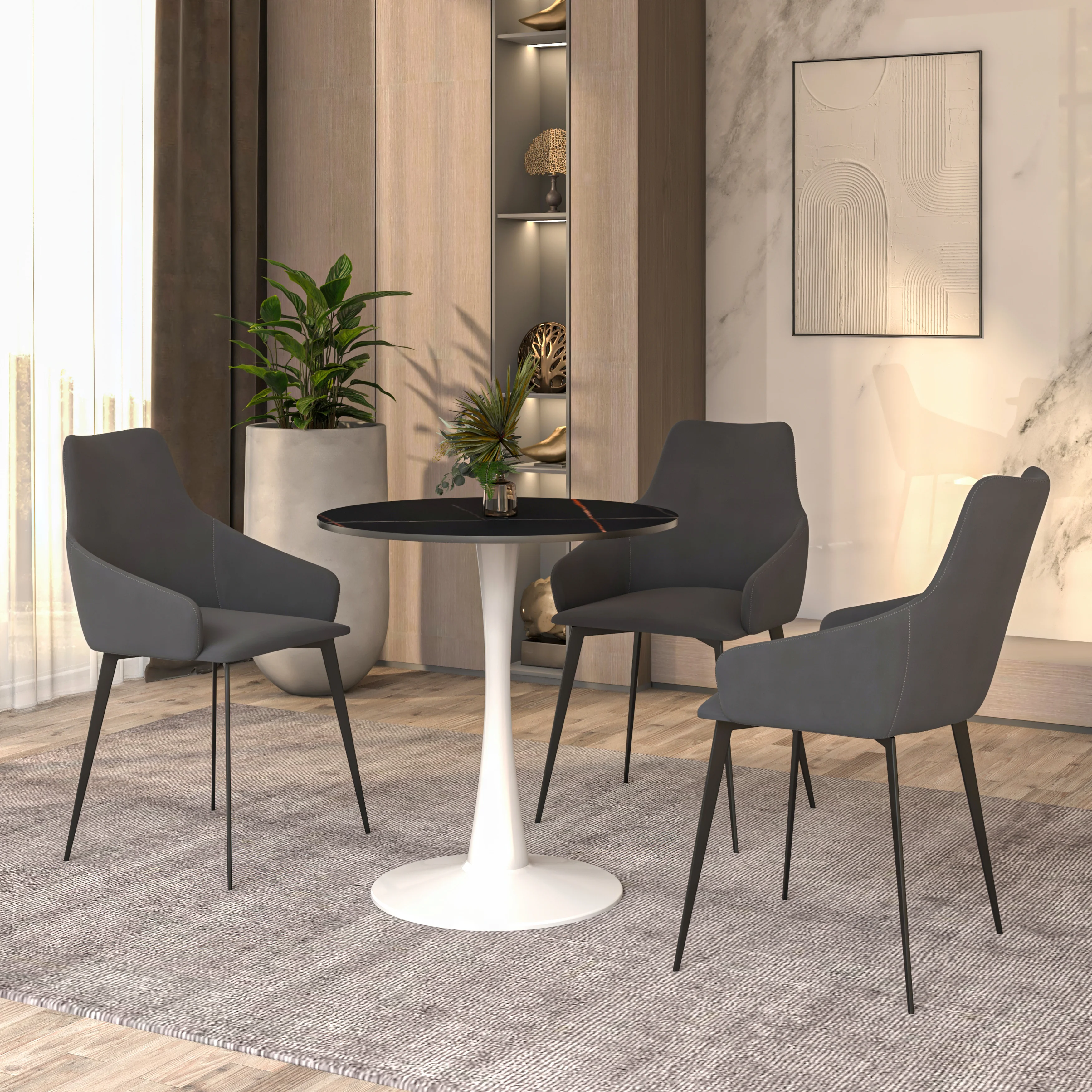 Bristol 24 round dining table White base with Black Sintered stone Top
