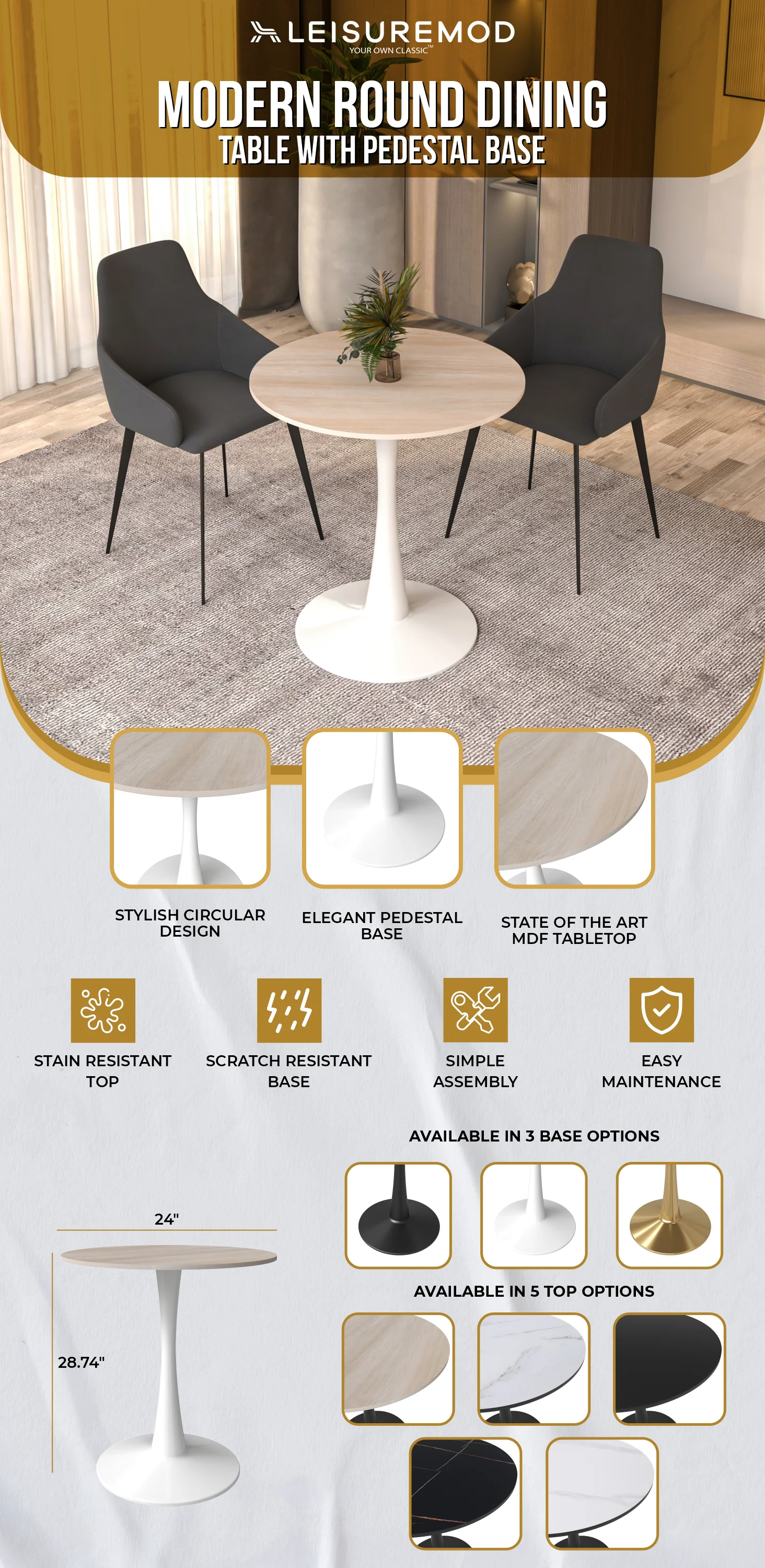 Bristol 24" round dining table White base with marbled MDF top