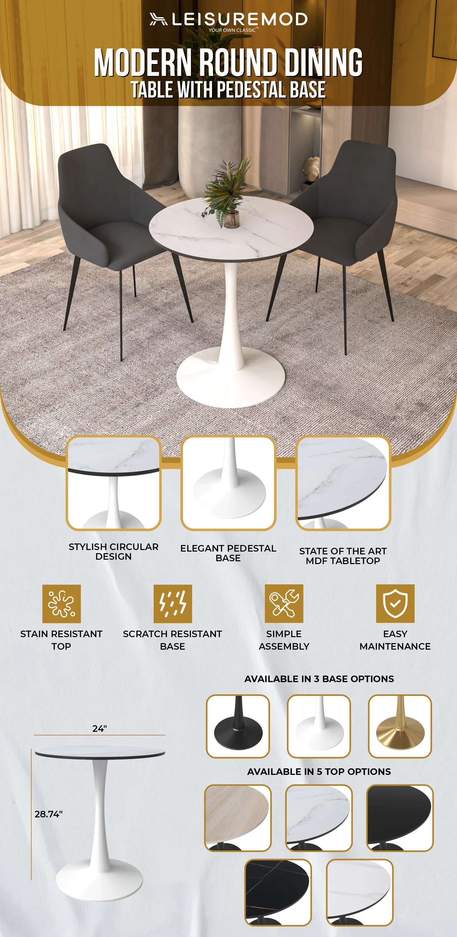 Leisyremod Bristol 24" Round Dining Table White base with White top