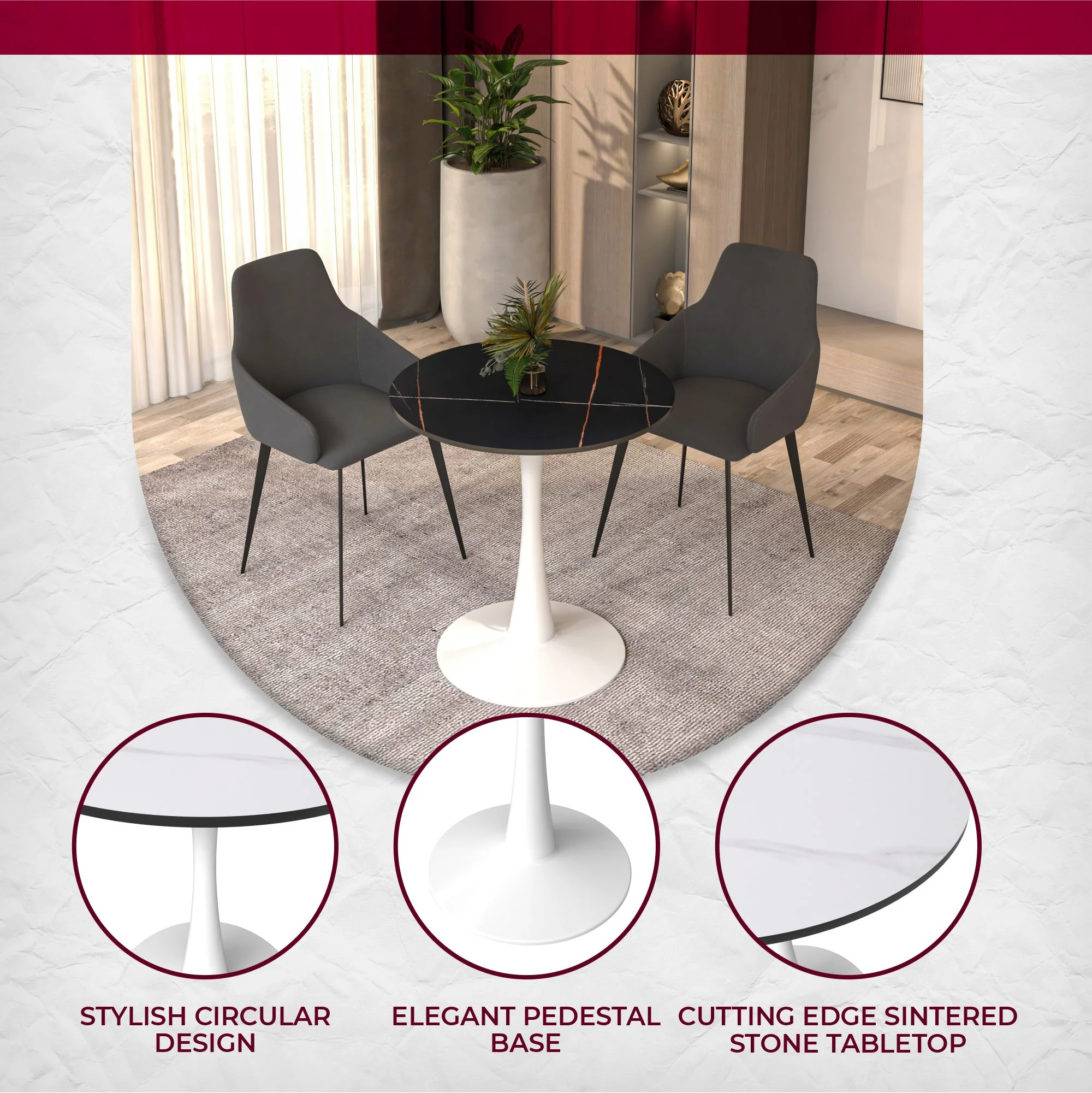 Bristol 24 round dining table White base with White Sintered stone Top