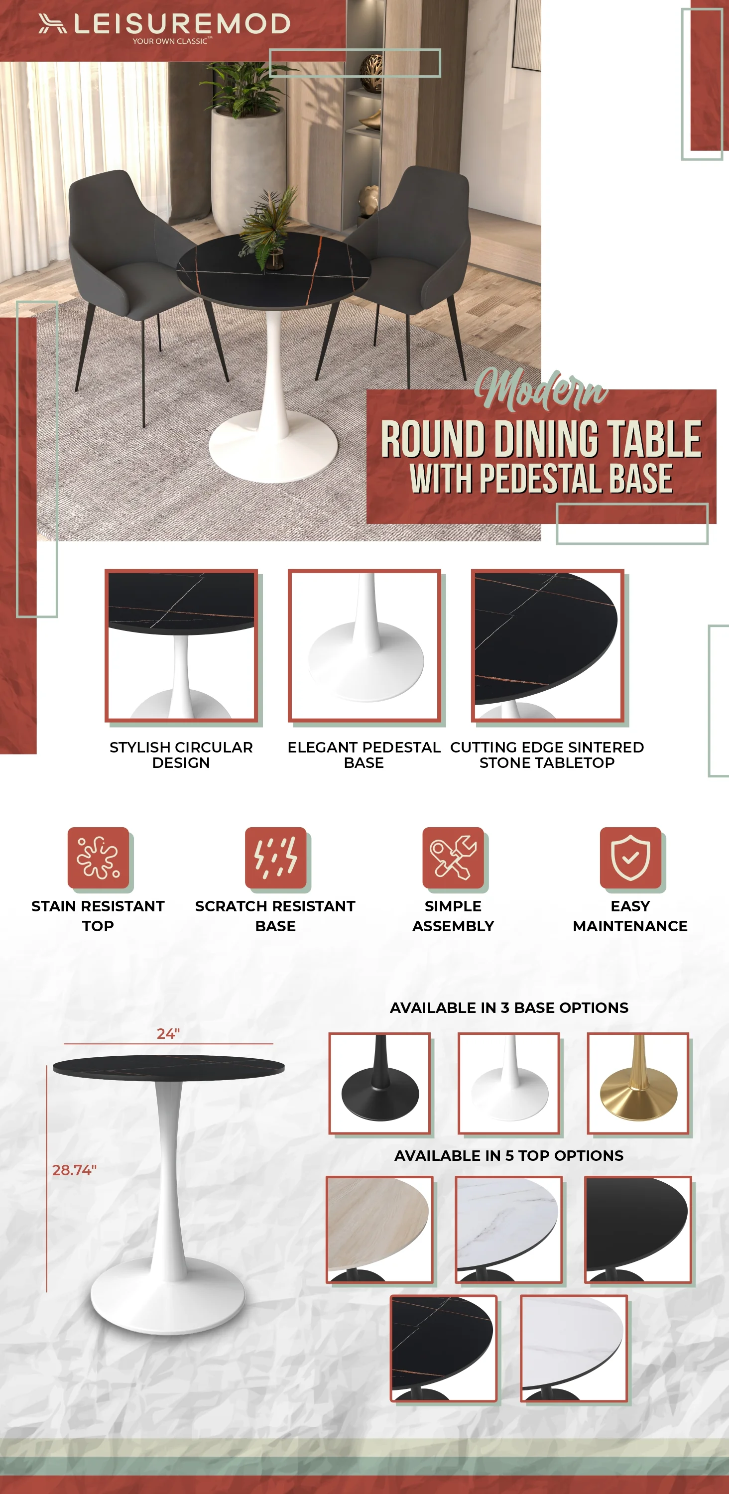 Bristol 27 round dining table White base with Black Sintered stone Top