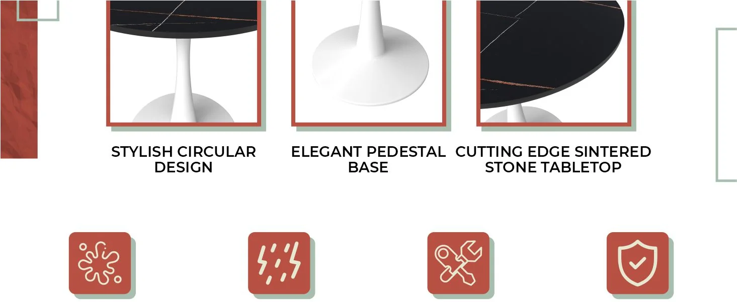 Bristol 27 round dining table White base with Black Sintered stone Top