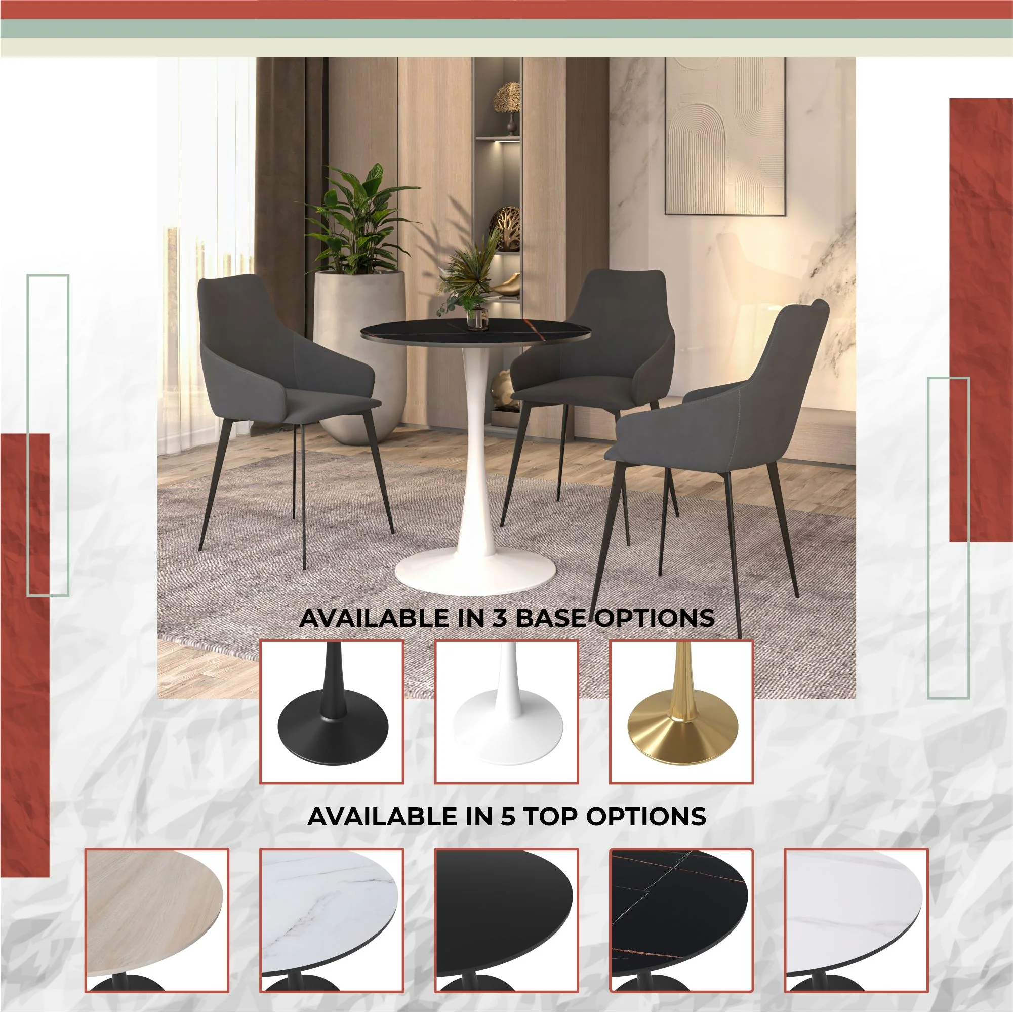 Bristol 27 round dining table White base with Black Sintered stone Top