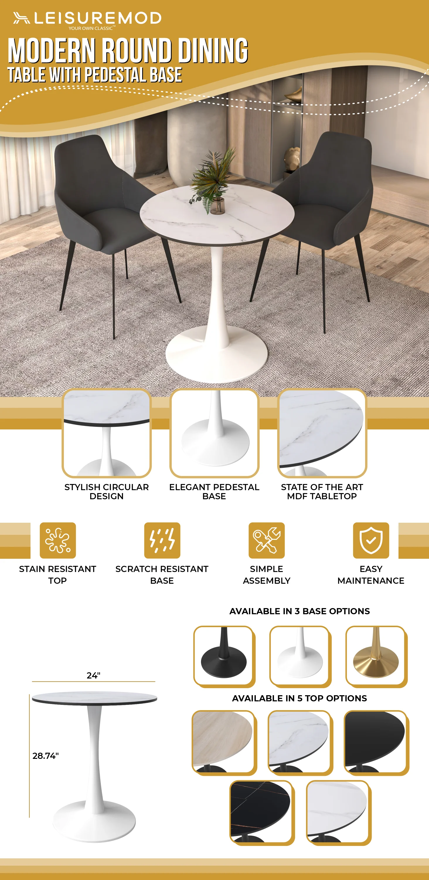 Leisyremod Bristol 27" Round Dining Table White base with White top