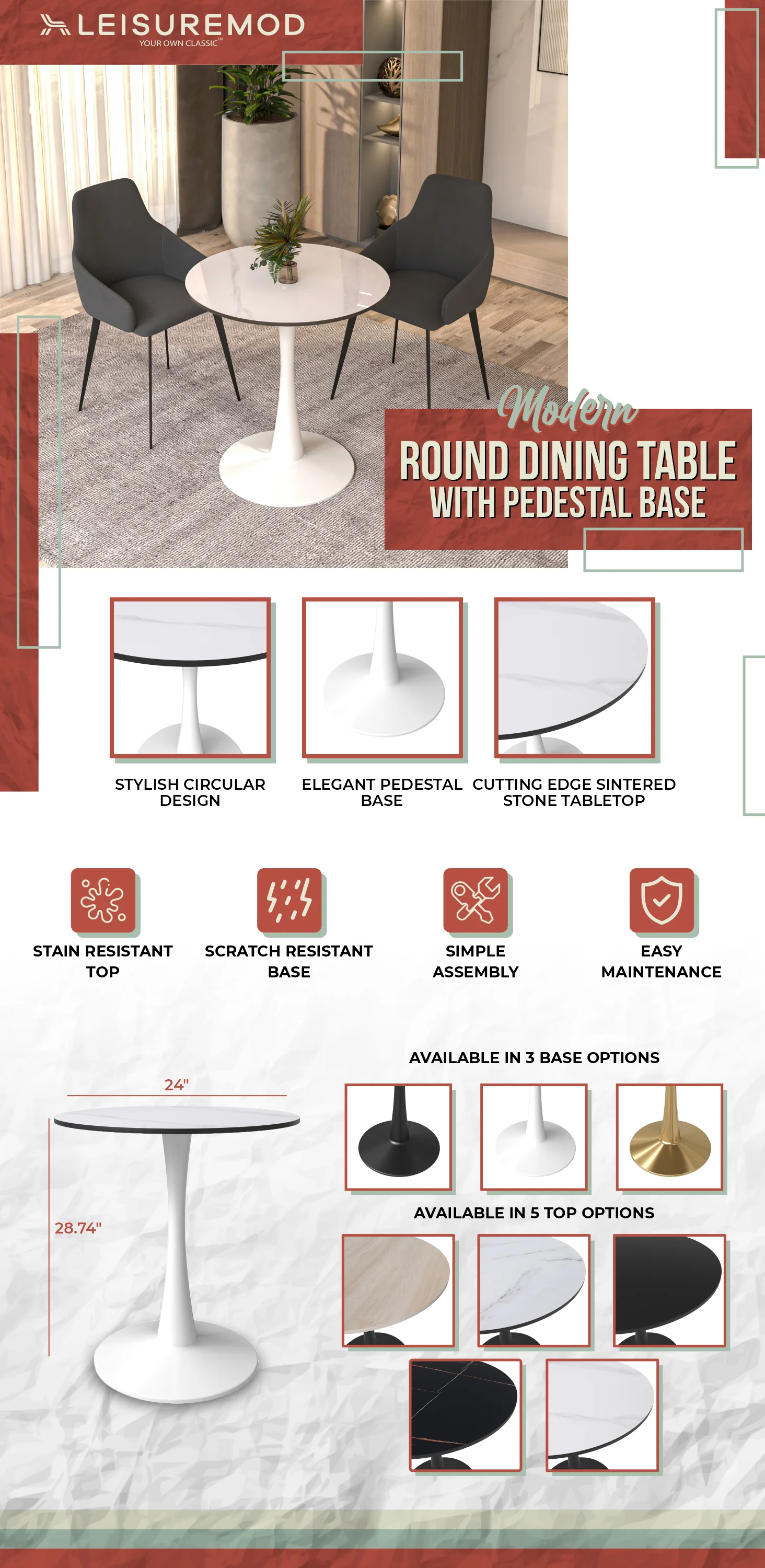 Bristol 27 round dining table White base with White Sintered stone Top