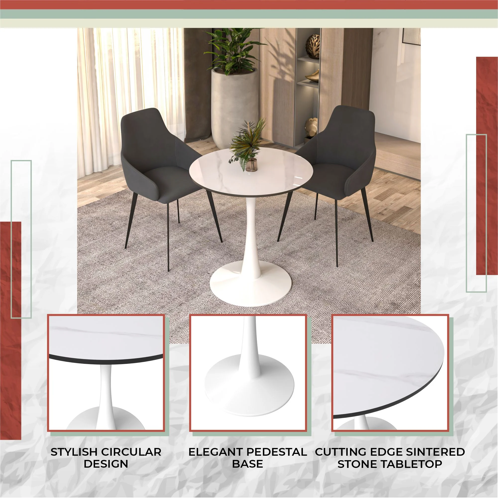 Bristol 27 round dining table White base with White Sintered stone Top