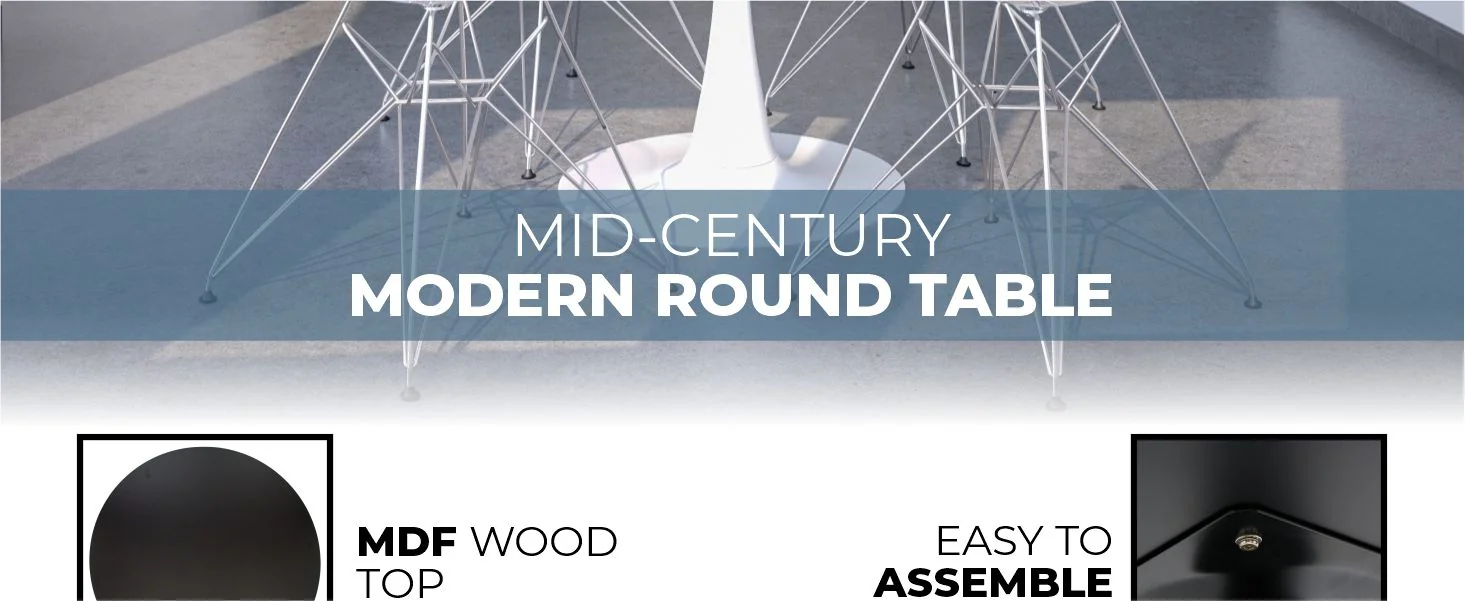 Bristol Mid-Century Modern Round Dining Table with a 31" Wood Top and Iron Pedestal Base with Gloss Finish for Kitchen and Dining Room