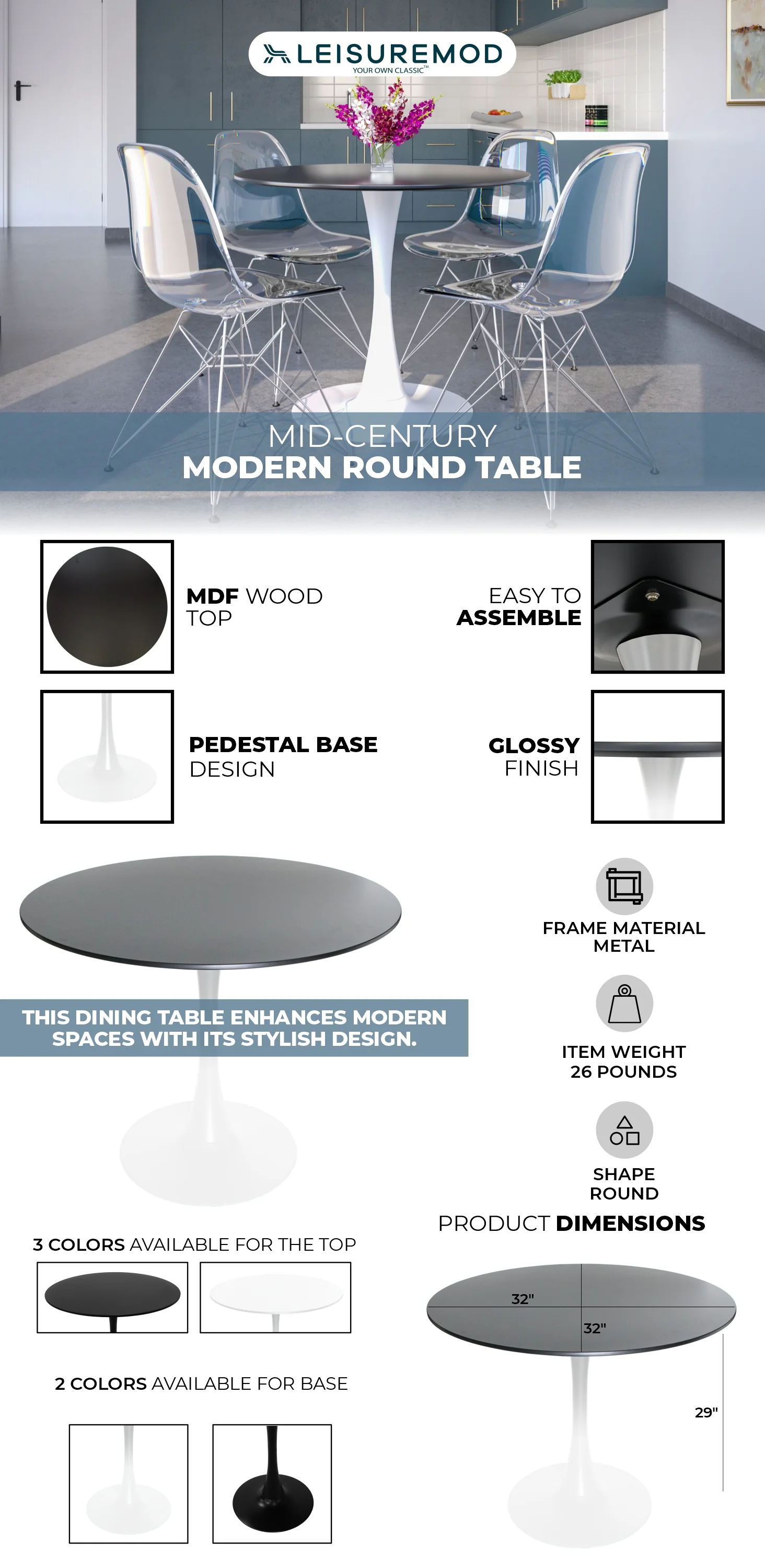 Bristol Mid-Century Modern Round Dining Table with a 31" Wood Top and Iron Pedestal Base with Gloss Finish for Kitchen and Dining Room