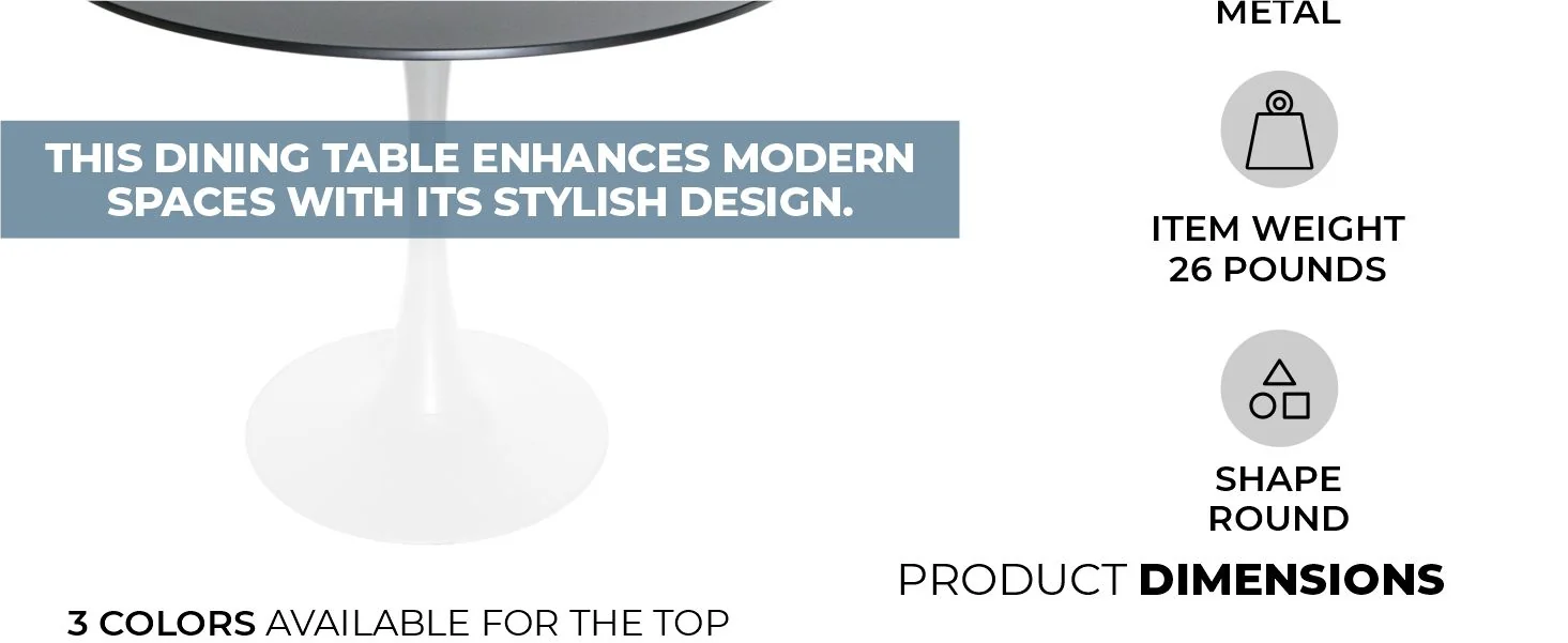 Bristol Mid-Century Modern Round Dining Table with a 31" Wood Top and Iron Pedestal Base with Gloss Finish for Kitchen and Dining Room