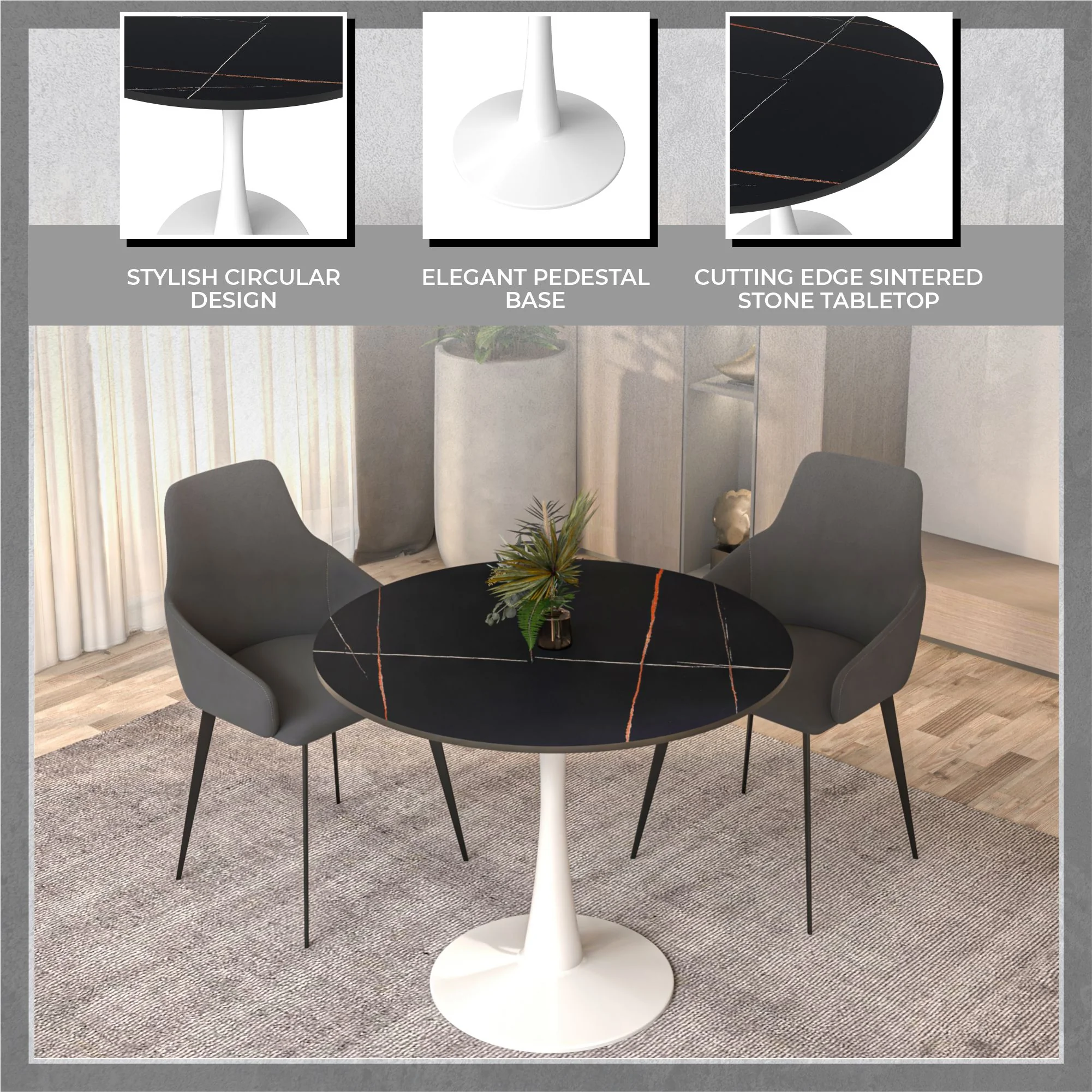 Bristol 31" round dining table White base with Black Sintered stone Top