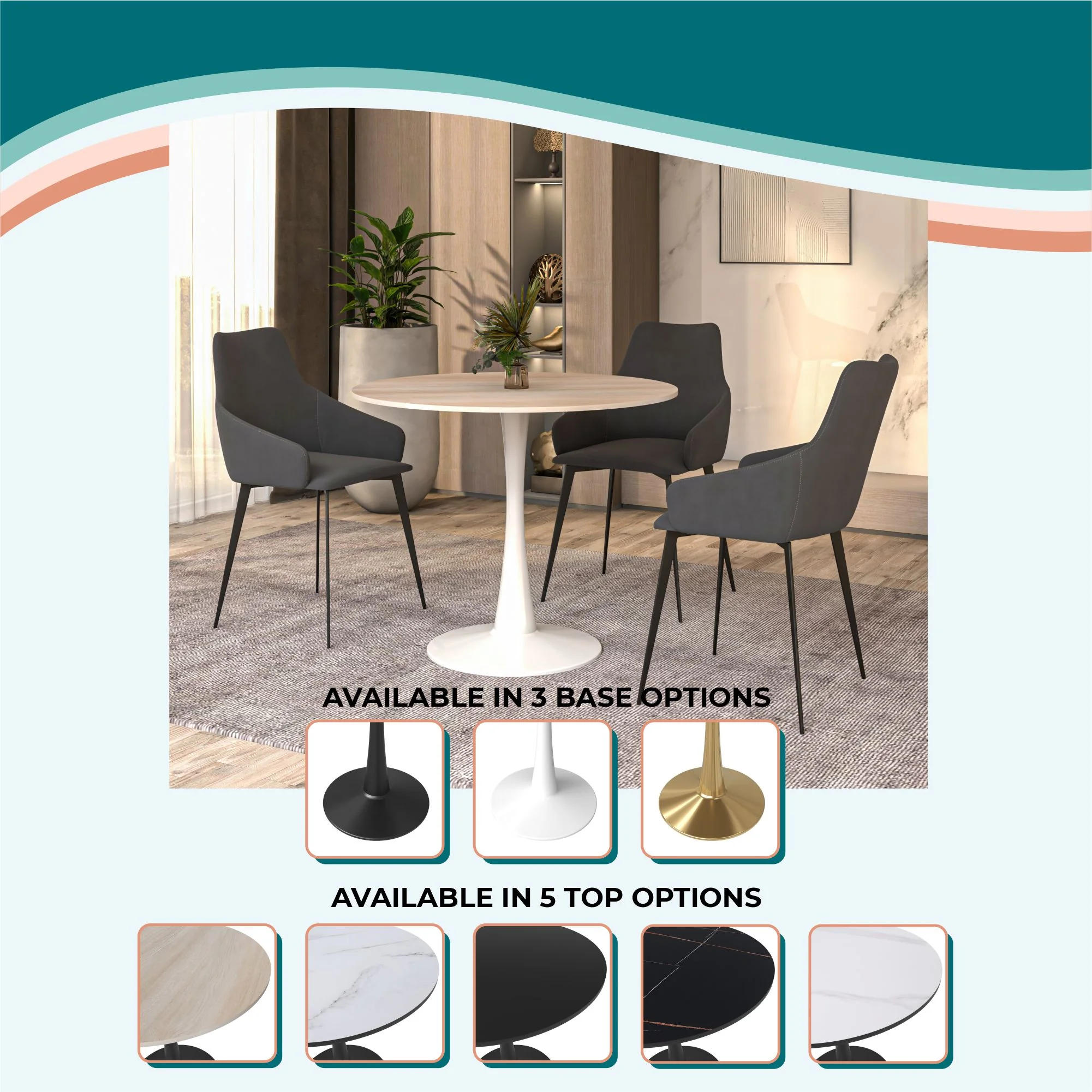 Bristol 31" Round Dining Table White Base with Sintered Stone Natural Wood Top