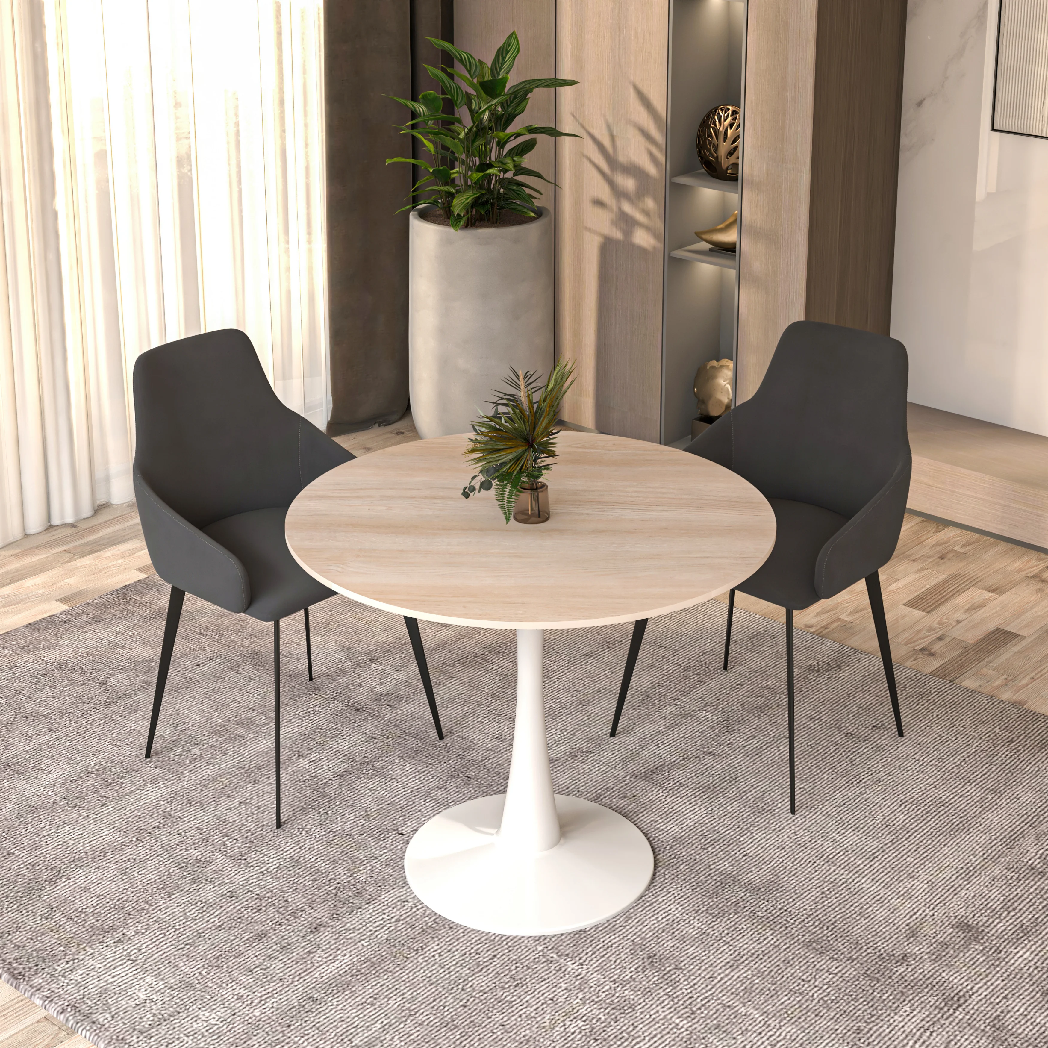 Bristol 31" Round Dining Table White Base with Sintered Stone Natural Wood Top