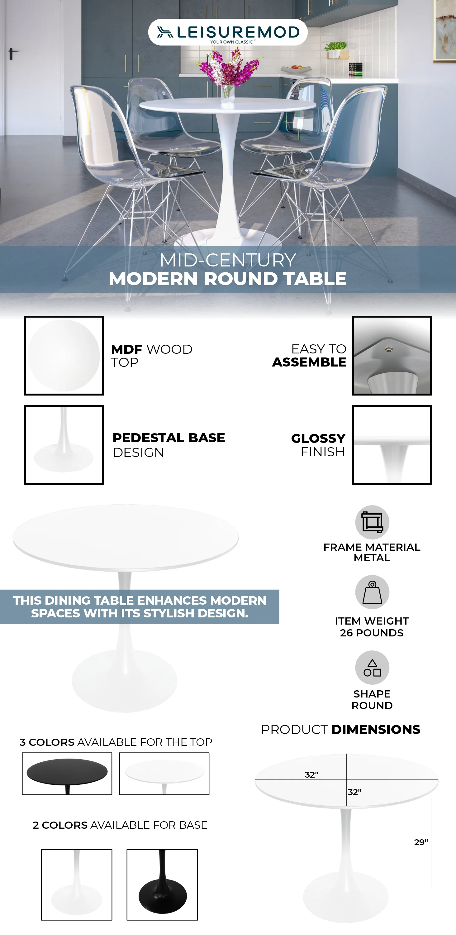 Bristol Mid-Century Modern Round Dining Table with a 31" Wood Top and Iron Pedestal Base with Gloss Finish for Kitchen and Dining Room