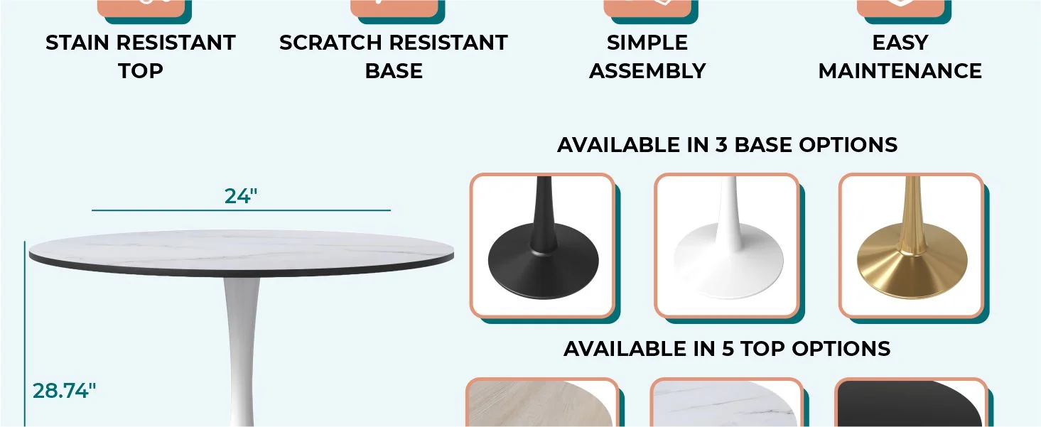 Bristol Mid-Century Modern Round Dining Table with a 31" Wood Top and Iron Pedestal Base with Gloss Finish for Kitchen and Dining Room