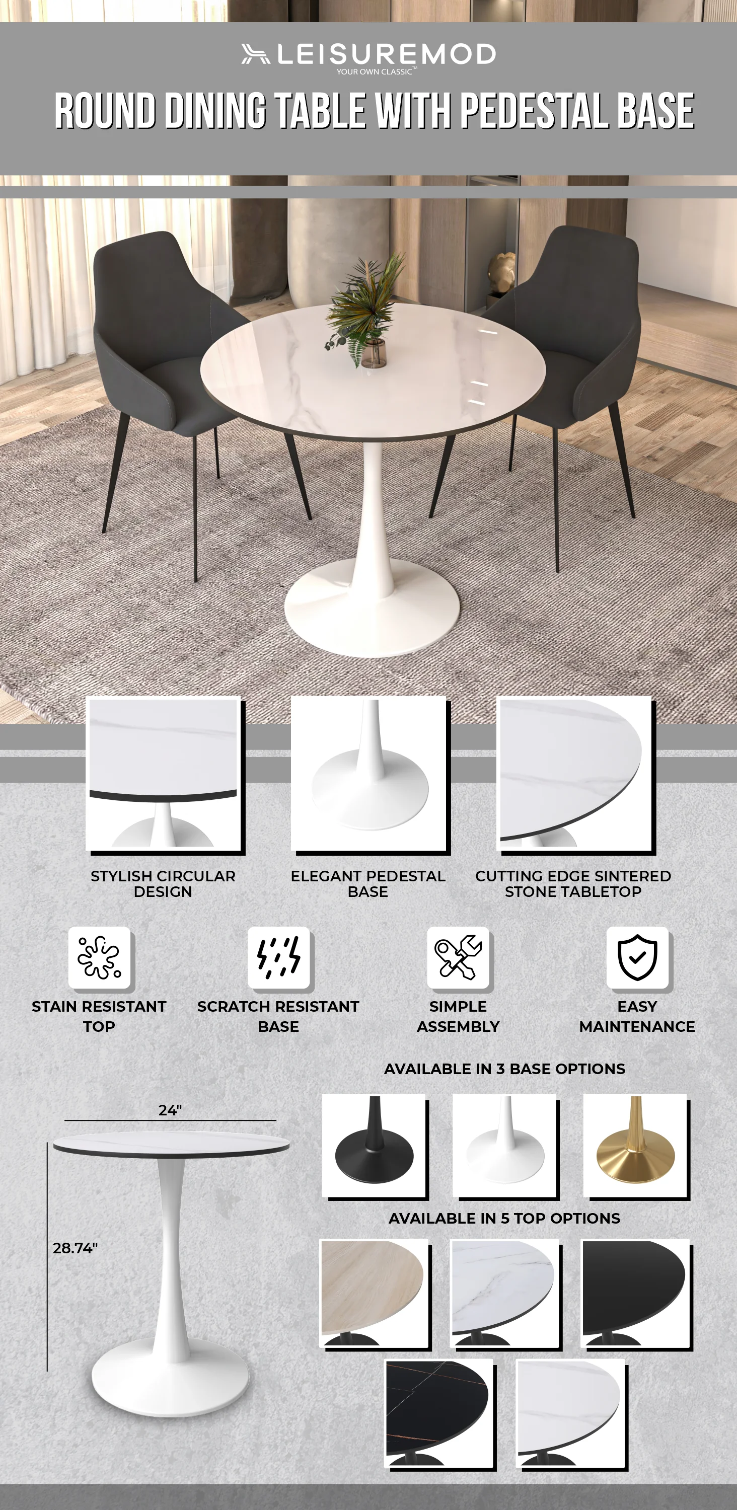 Bristol 31" round dining table White base with White Sintered stone Top