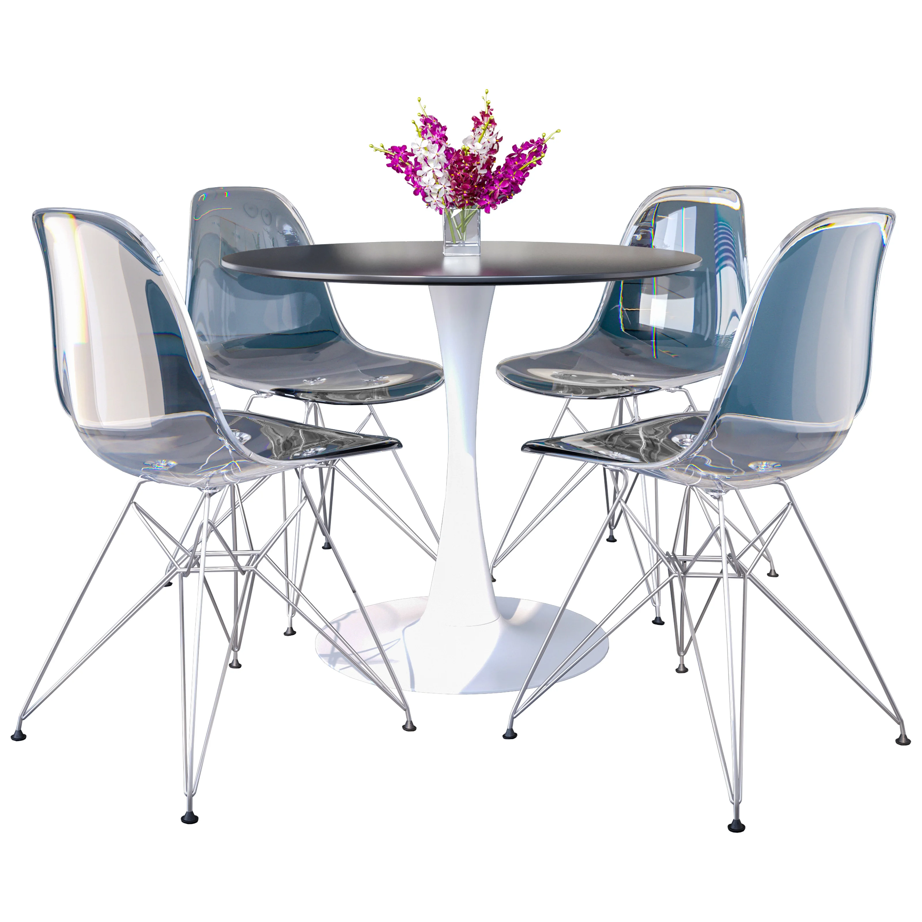 5-Piece Dining Set 35" Round Dining Table in White Iron - 4 ABS Plastic Side Chair in Chrome - Clear