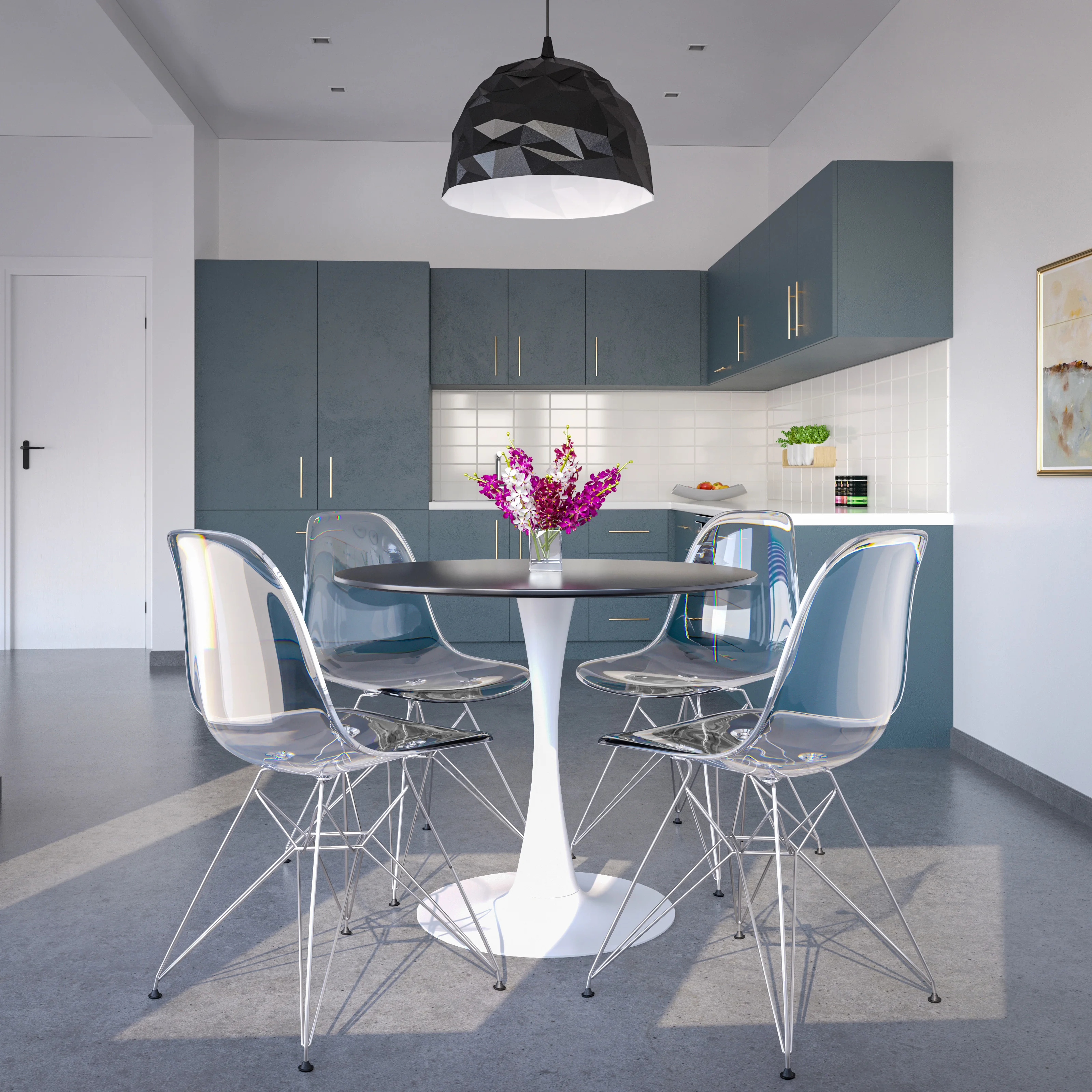 5-Piece Dining Set 35" Round Dining Table in White Iron - 4 ABS Plastic Side Chair in Chrome - Clear