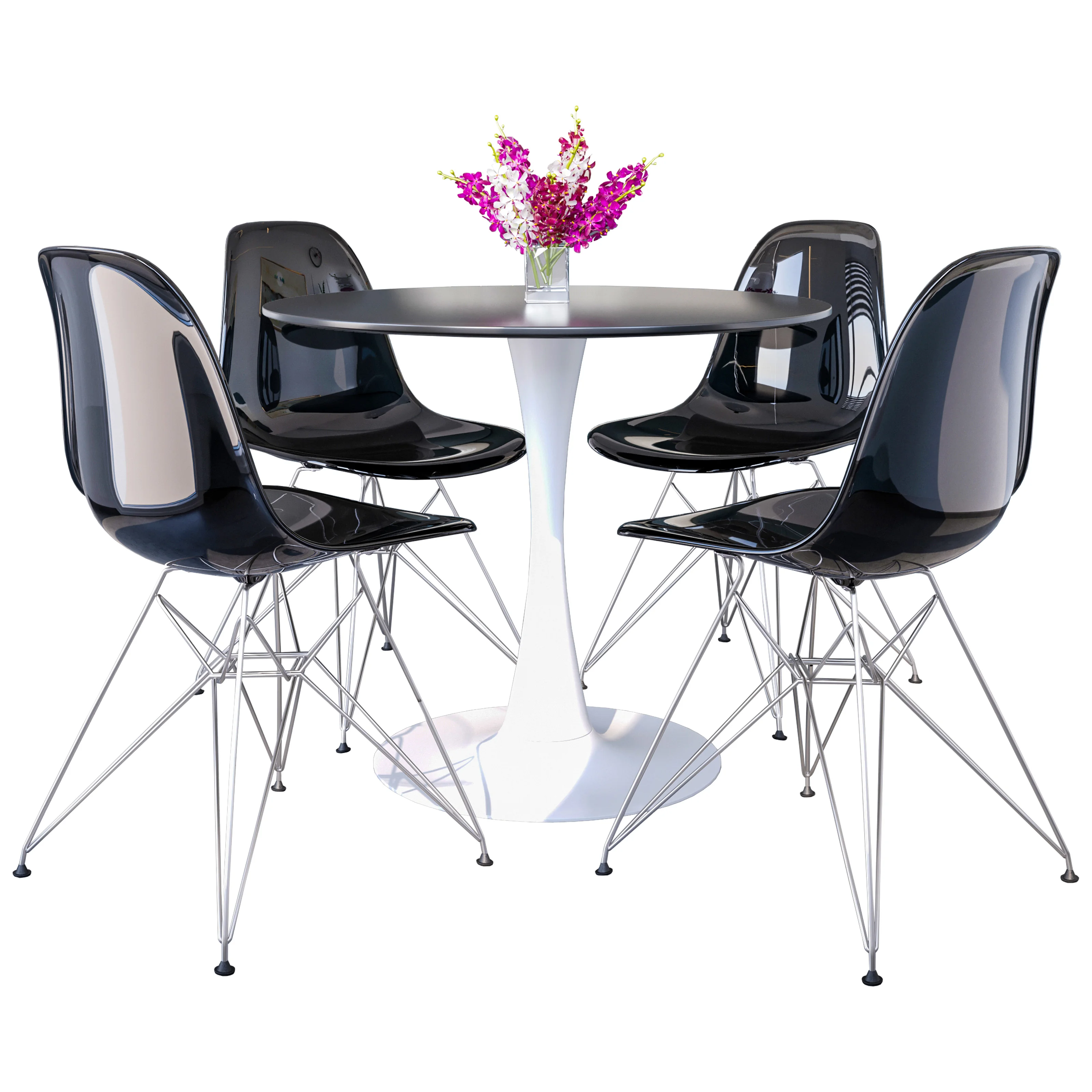 5-Piece Dining Set 35" Round Dining Table in White Iron - 4 ABS Plastic Side Chair in Chrome - Transparent Black