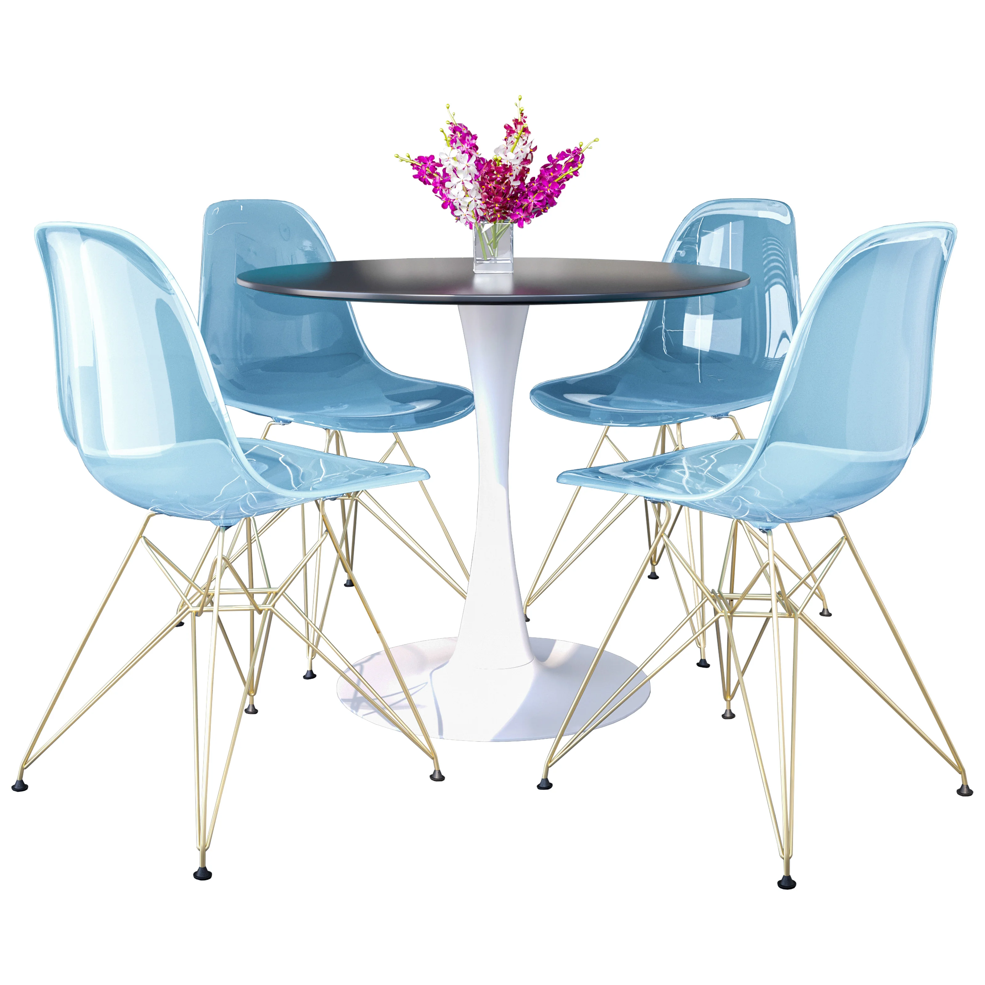 5-Piece Dining Set with 35" Round Dining Table in White Iron Pedestal Base and 4 ABS Plastic Side Chair with Gold Base, Transparent Blue