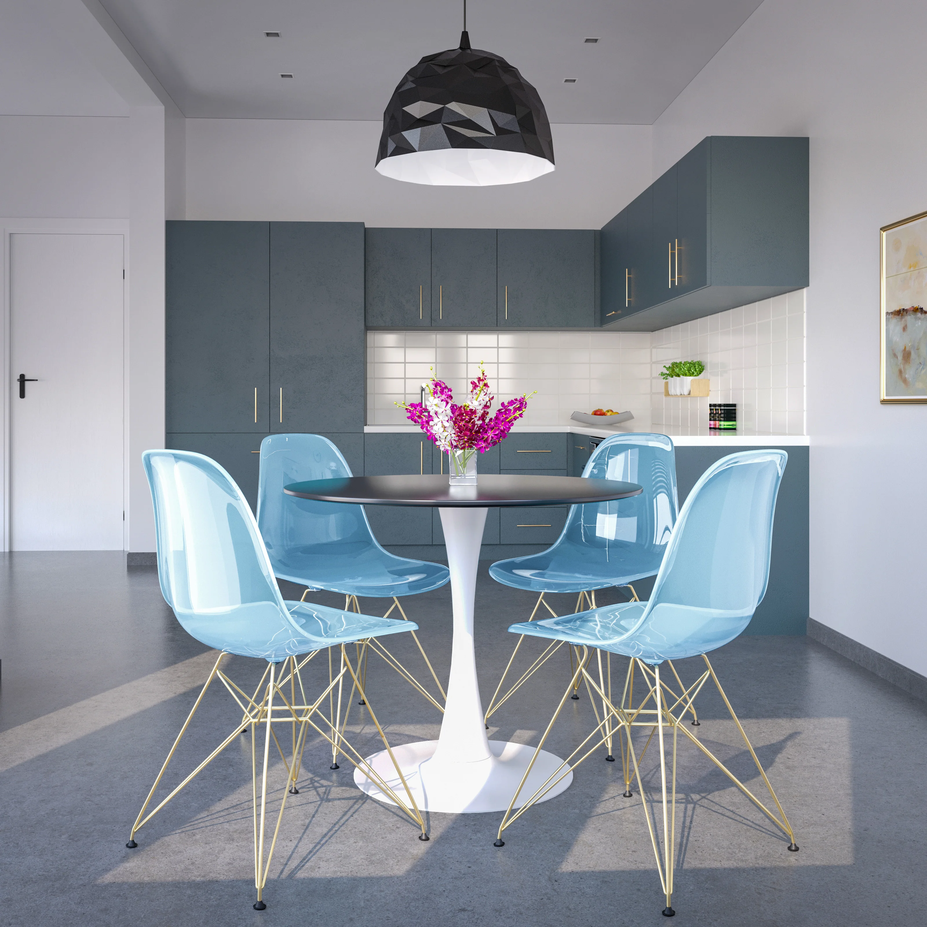 5-Piece Dining Set with 35" Round Dining Table in White Iron Pedestal Base and 4 ABS Plastic Side Chair with Gold Base, Transparent Blue