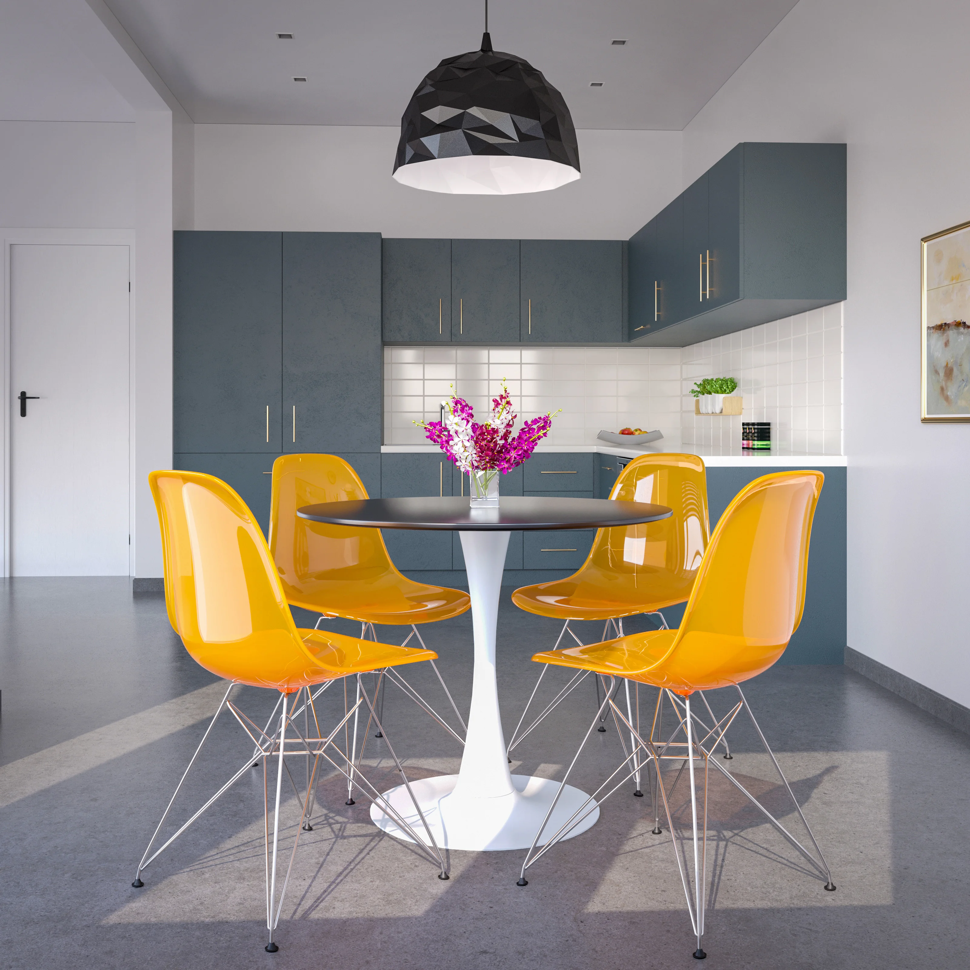 5-Piece Dining Set 35" Round Dining Table in White Iron - 4 ABS Plastic Side Chair in Chrome - Transparent Orange