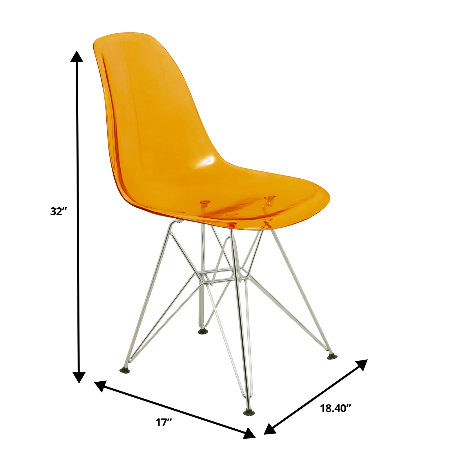 5-Piece Dining Set 35" Round Dining Table in White Iron - 4 ABS Plastic Side Chair in Chrome - Transparent Orange