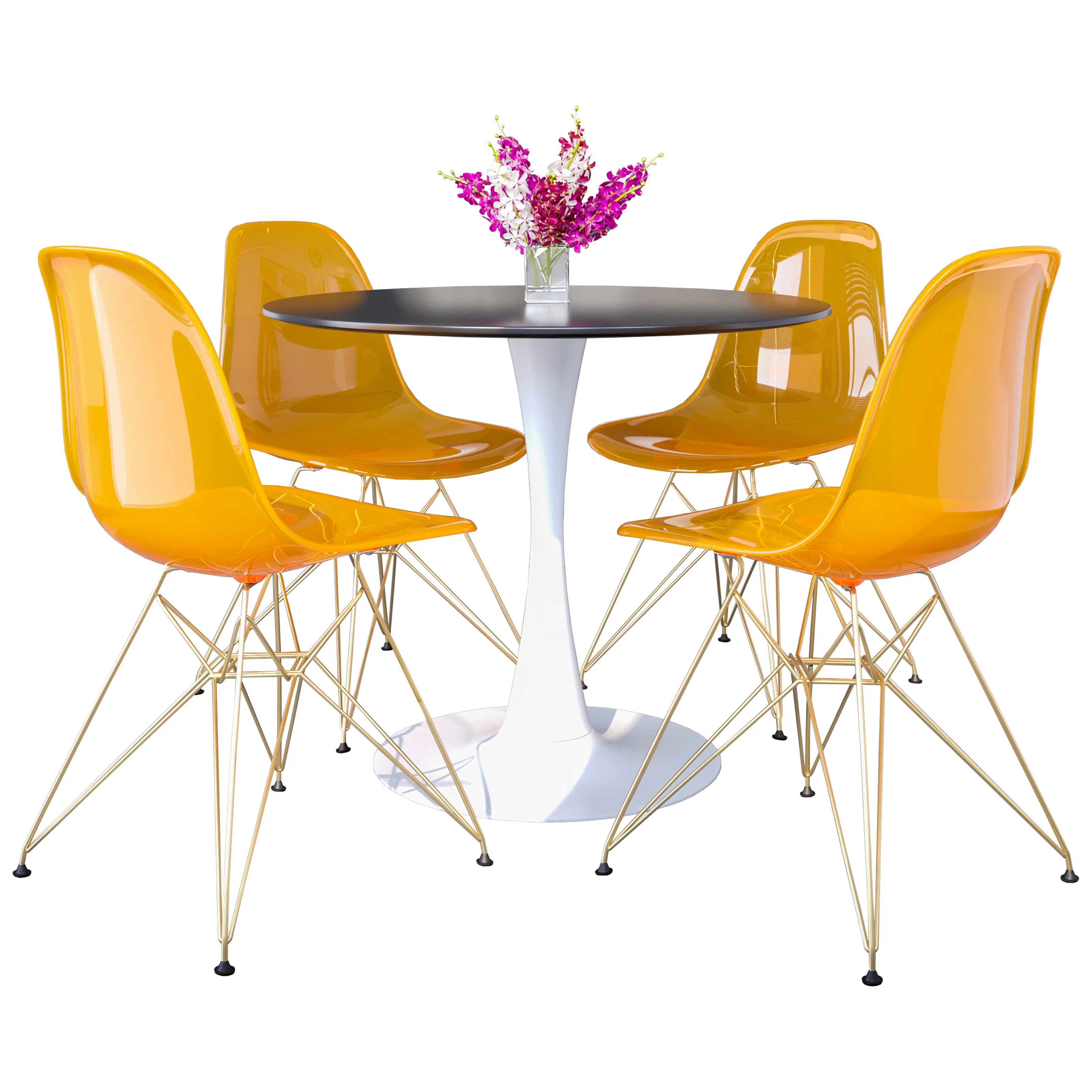 5-Piece Dining Set with 35" Round Dining Table in White Iron Pedestal Base and 4 ABS Plastic Side Chair with Gold Base, Transparent Orange
